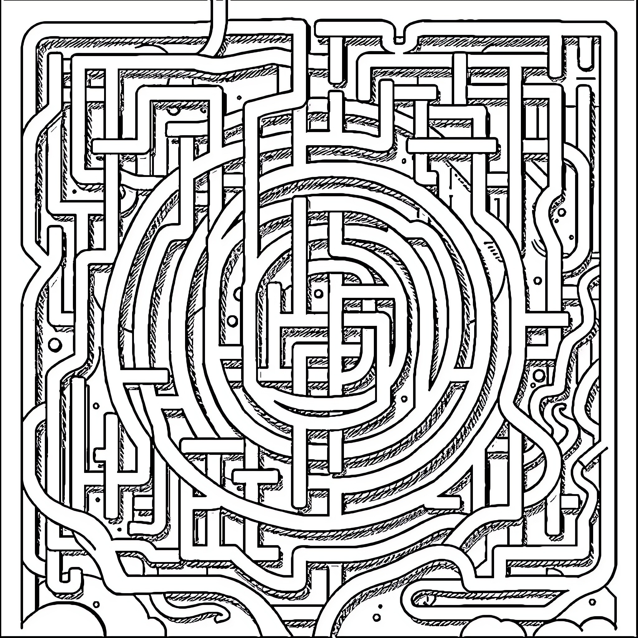 Maze of intricate geometric patterns Coloring Page (free black-and-white line drawing printable PDF for all, from beginners to advanced learners, including children, teens, adults, and seniors)