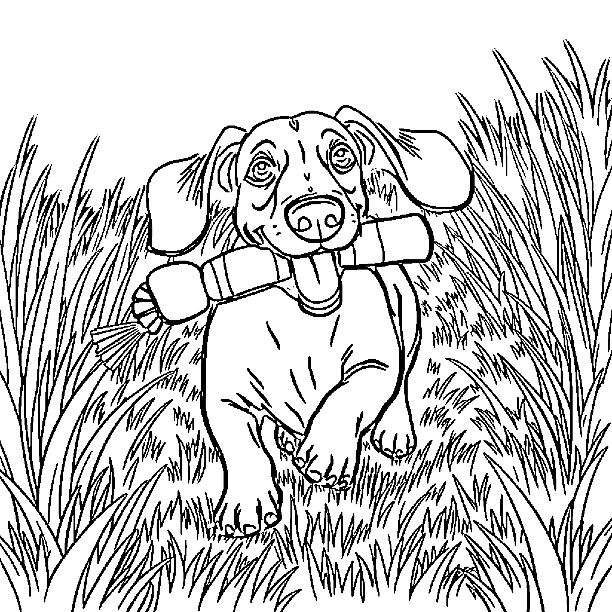 Weiner Dog Playing Joyfully in the Grass Coloring Page (free black-and-white line drawing printable PDF for all, from beginners to advanced learners, including children, teens, adults, and seniors)
