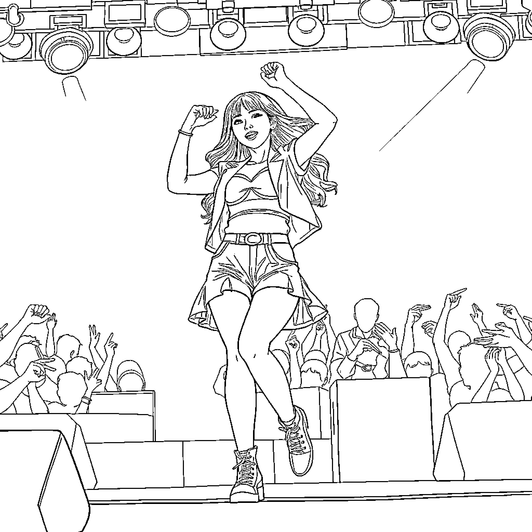 Rumi's Lively Performance on Stage Coloring Page (free black-and-white line drawing printable PDF for all, from beginners to advanced learners, including children, teens, adults, and seniors)