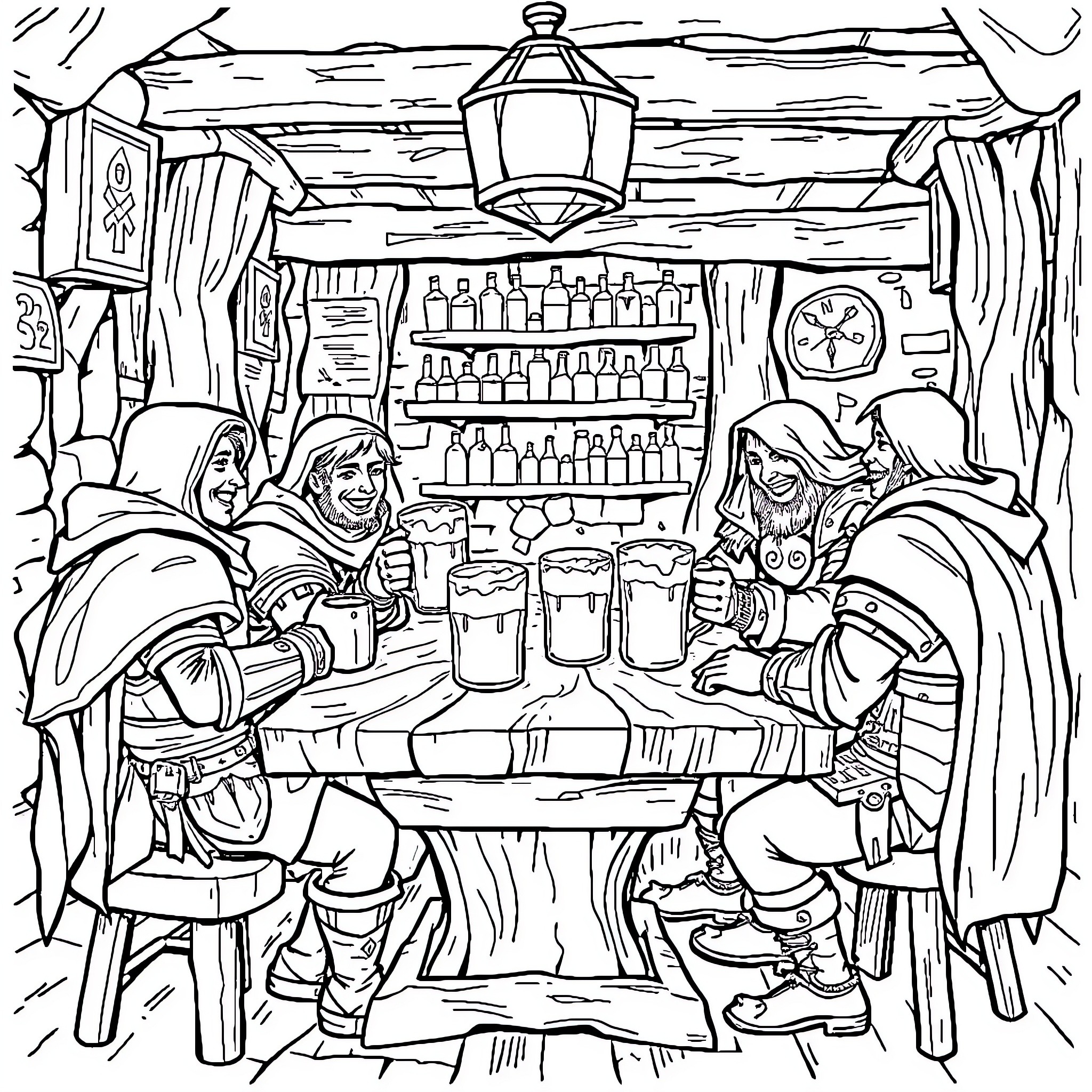 Adventurer's Cozy Tavern Respite Coloring Page (free black-and-white line drawing printable PDF for all, from beginners to advanced learners, including children, teens, adults, and seniors)
