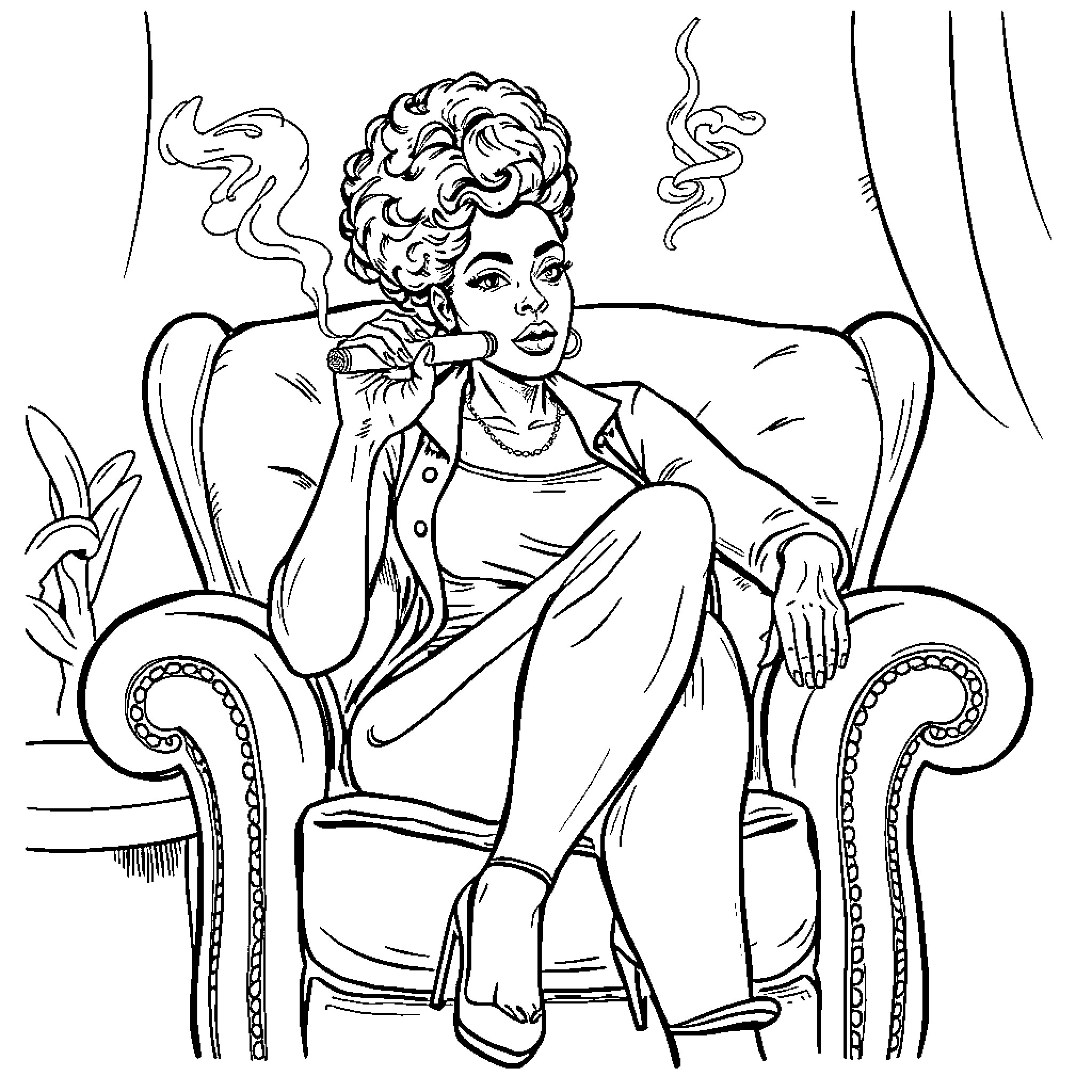 Woman relaxing in a chair with a thoughtful expression Coloring Page (free black-and-white line drawing printable PDF for all, from beginners to advanced learners, including children, teens, adults, and seniors)
