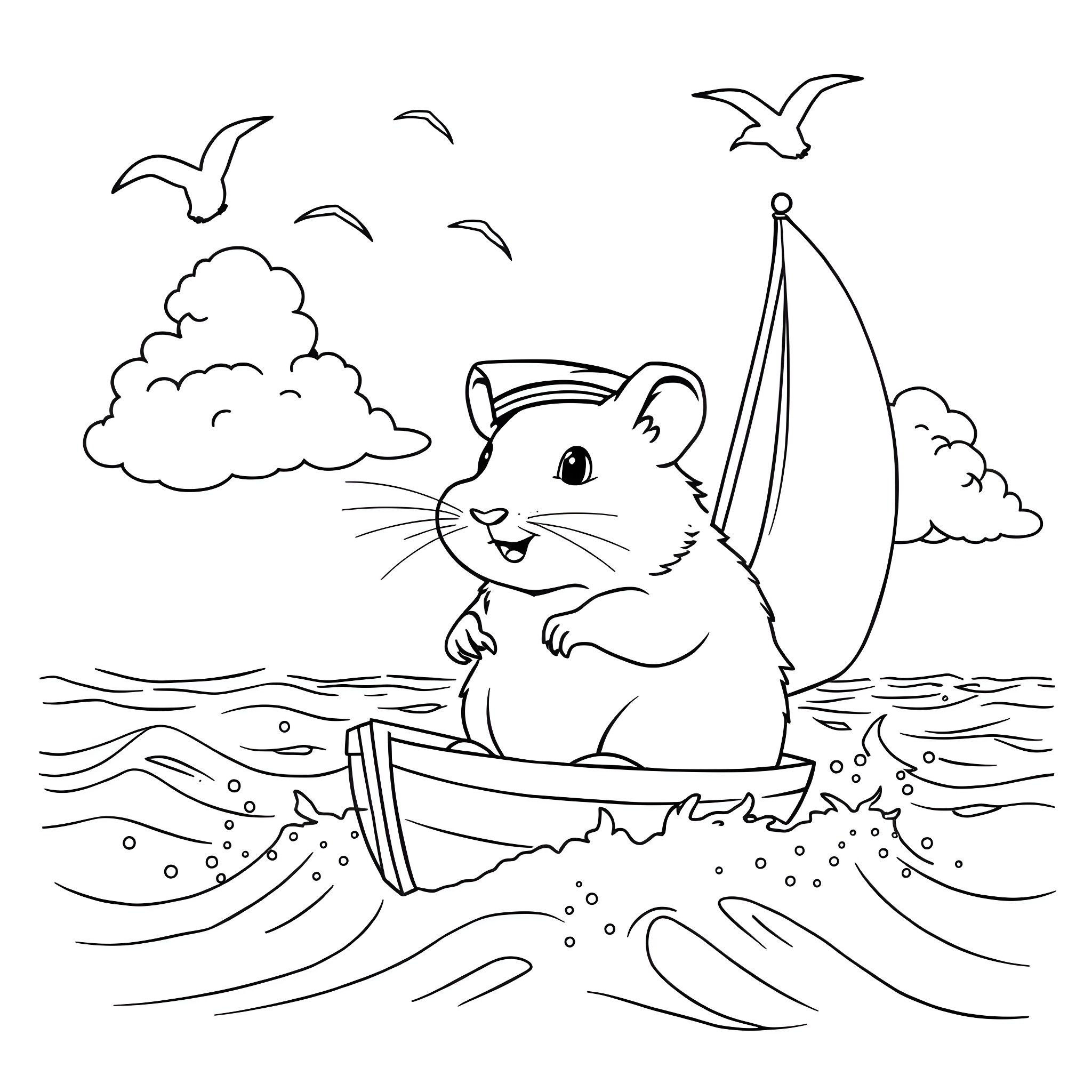 Hamster sailing on a small boat in the sea Coloring Page (free black-and-white line drawing printable PDF for all, from beginners to advanced learners, including children, teens, adults, and seniors)