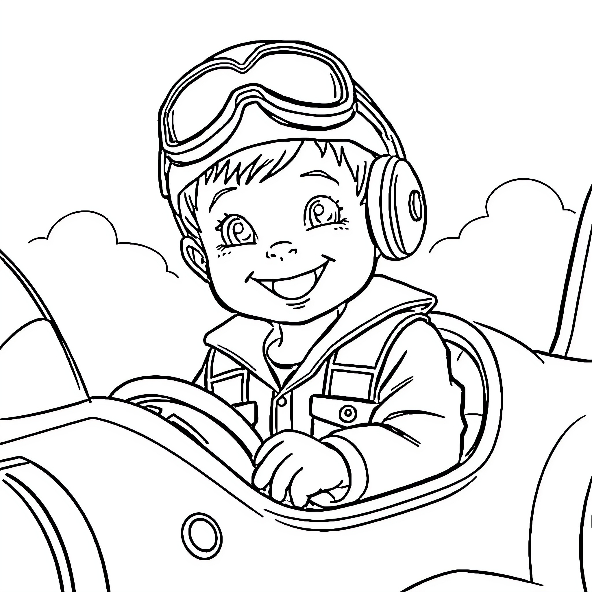 Boy Pilot in Airplane Cockpit with Clouds Coloring Page (free black-and-white line drawing printable PDF for all, from beginners to advanced learners, including children, teens, adults, and seniors)