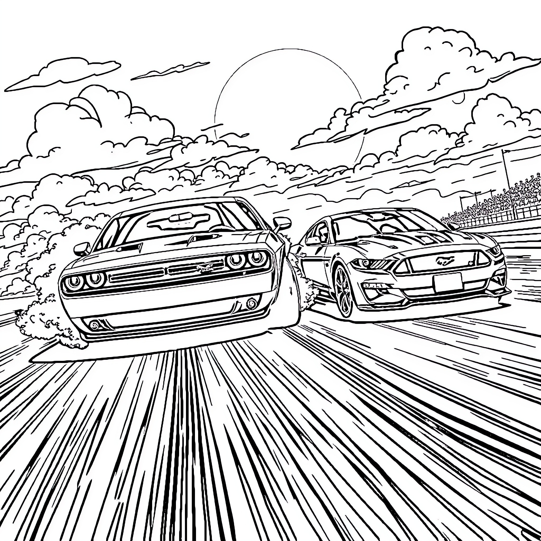 Challenger racers on an open road Coloring Page (free black-and-white line drawing printable PDF for all, from beginners to advanced learners, including children, teens, adults, and seniors)