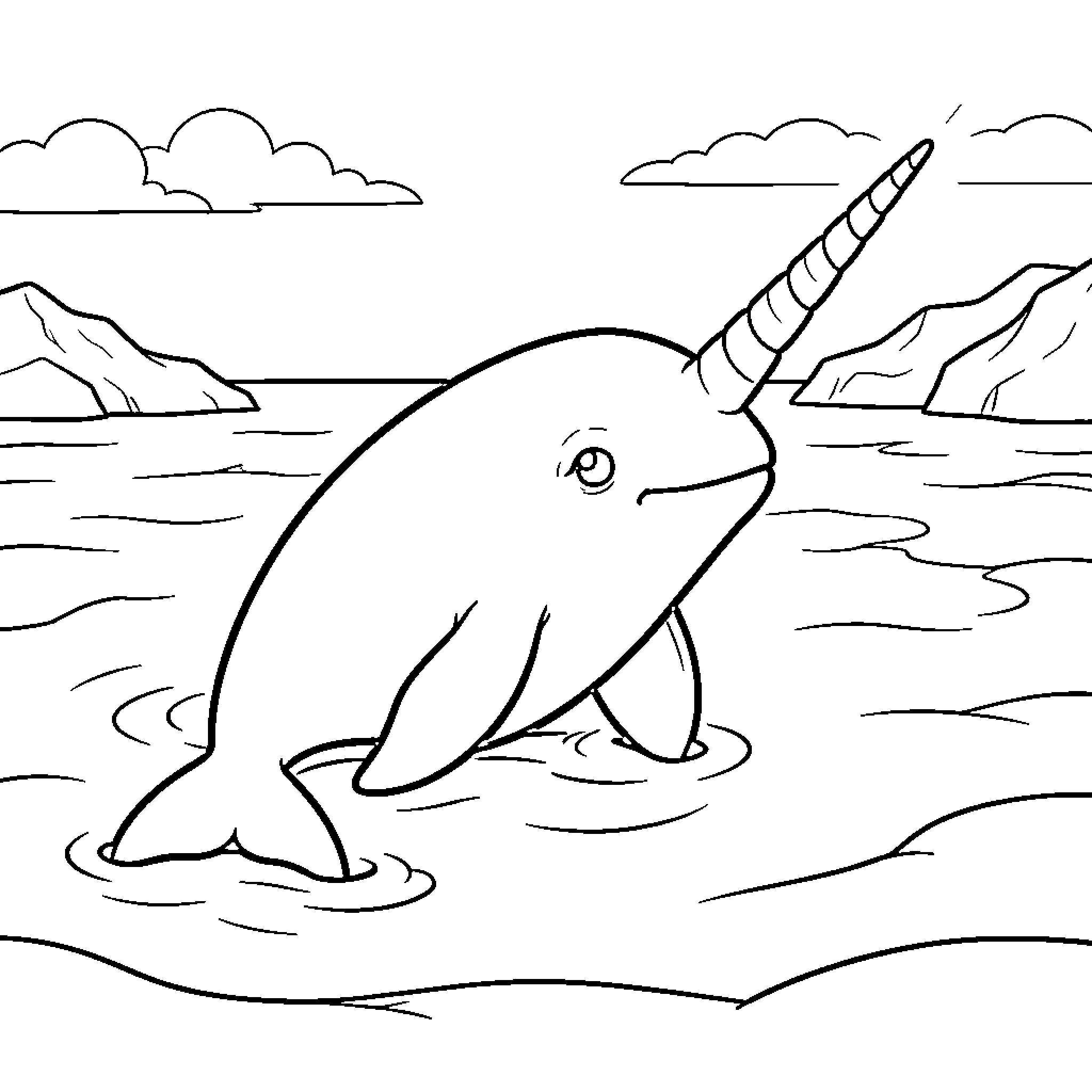 Narwhal swimming in the ocean Coloring Page (free black-and-white line drawing printable PDF for all, from beginners to advanced learners, including children, teens, adults, and seniors)