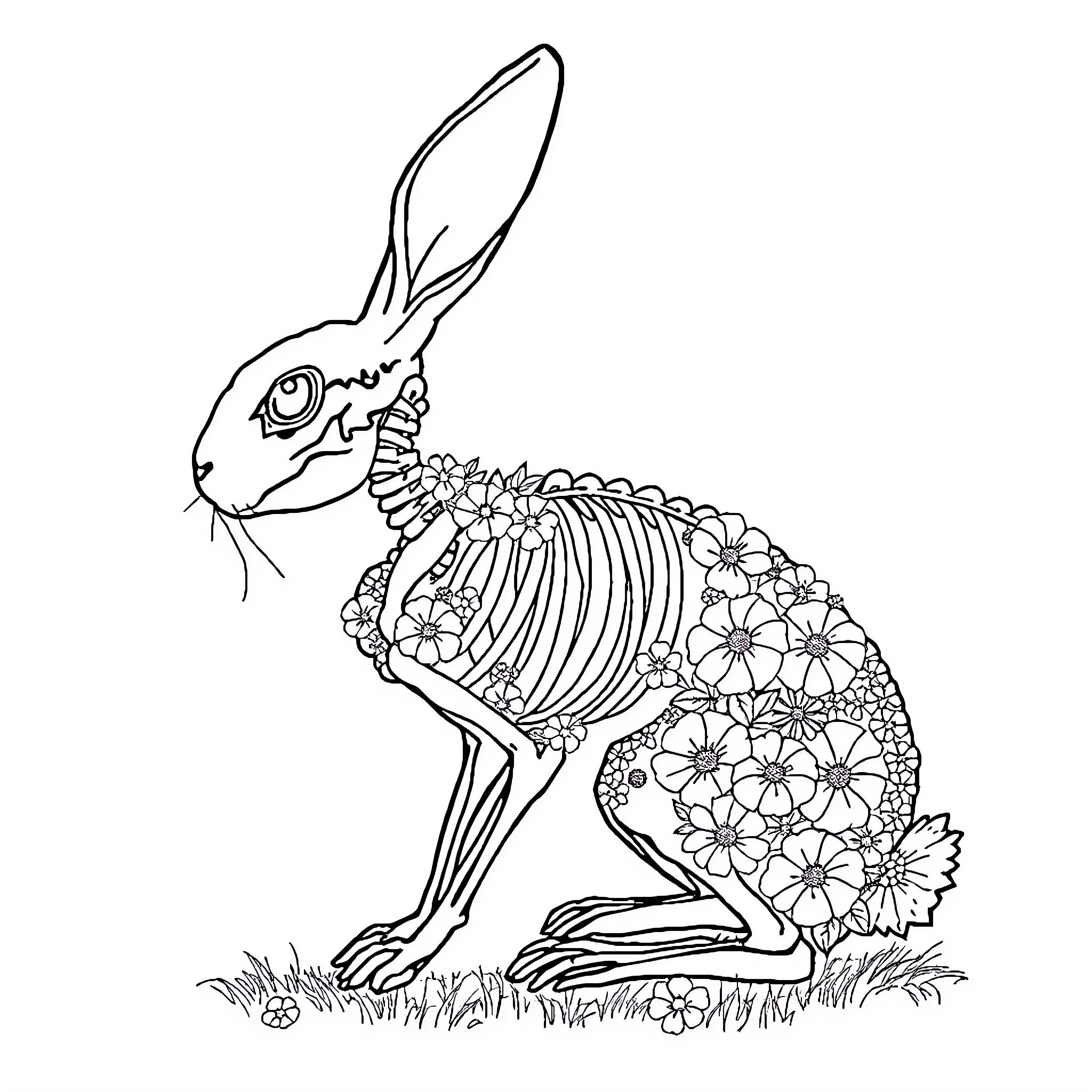 Bunny with floral skeleton in grass Coloring Page (free black-and-white line drawing printable PDF for all, from beginners to advanced learners, including children, teens, adults, and seniors)