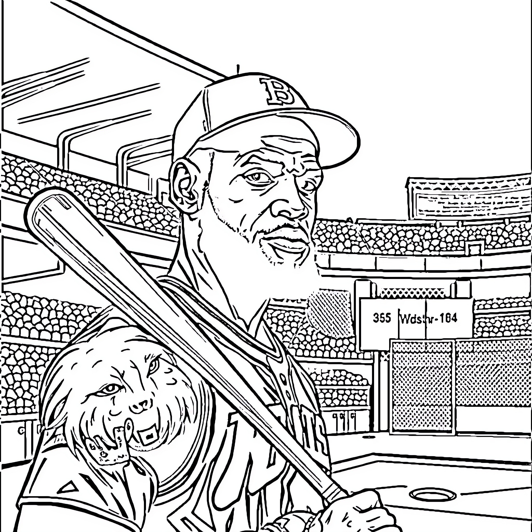 Bat Baseball Player in Stadium Coloring Page (free black-and-white line drawing printable PDF for all, from beginners to advanced learners, including children, teens, adults, and seniors)