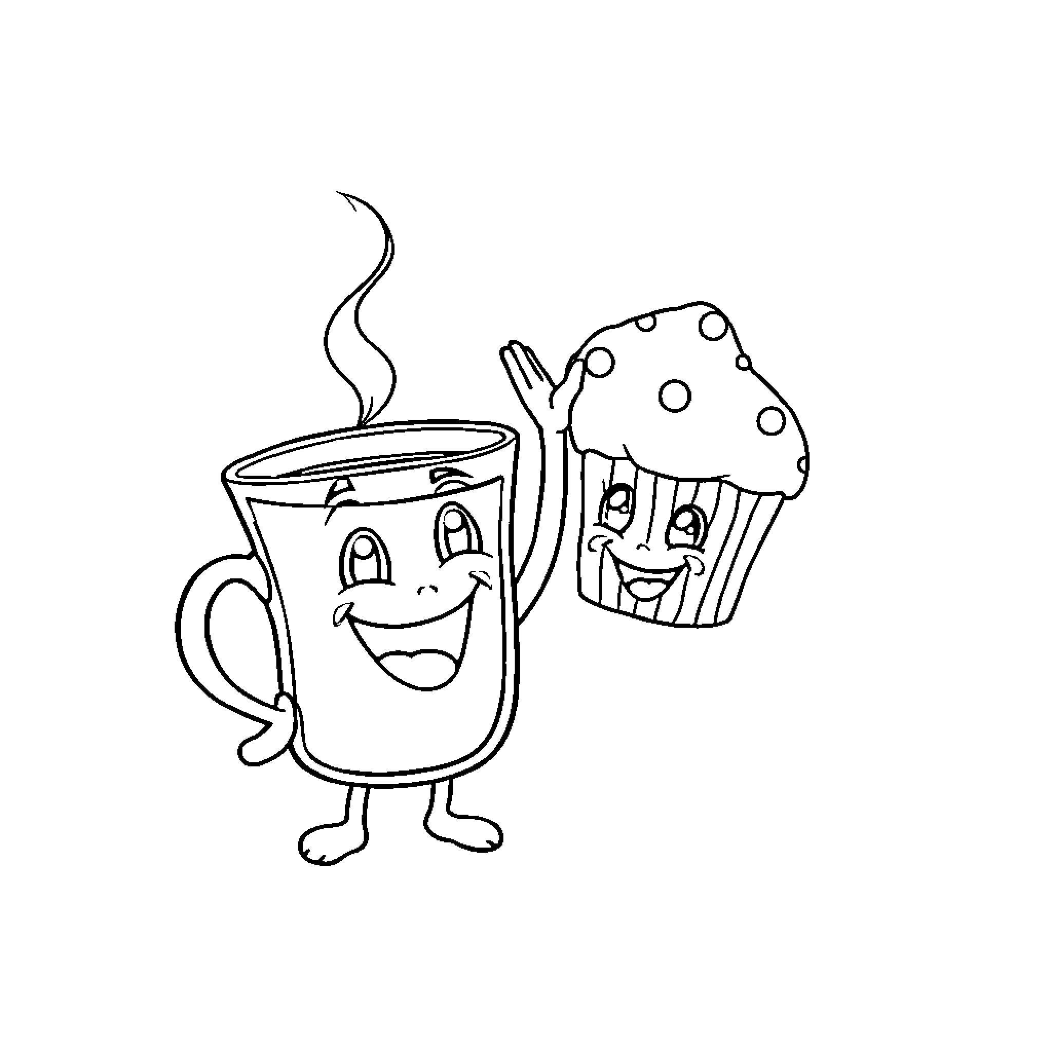 Tea and Cupcake Friends Coloring Page (free black-and-white line drawing printable PDF for all, from beginners to advanced learners, including children, teens, adults, and seniors)