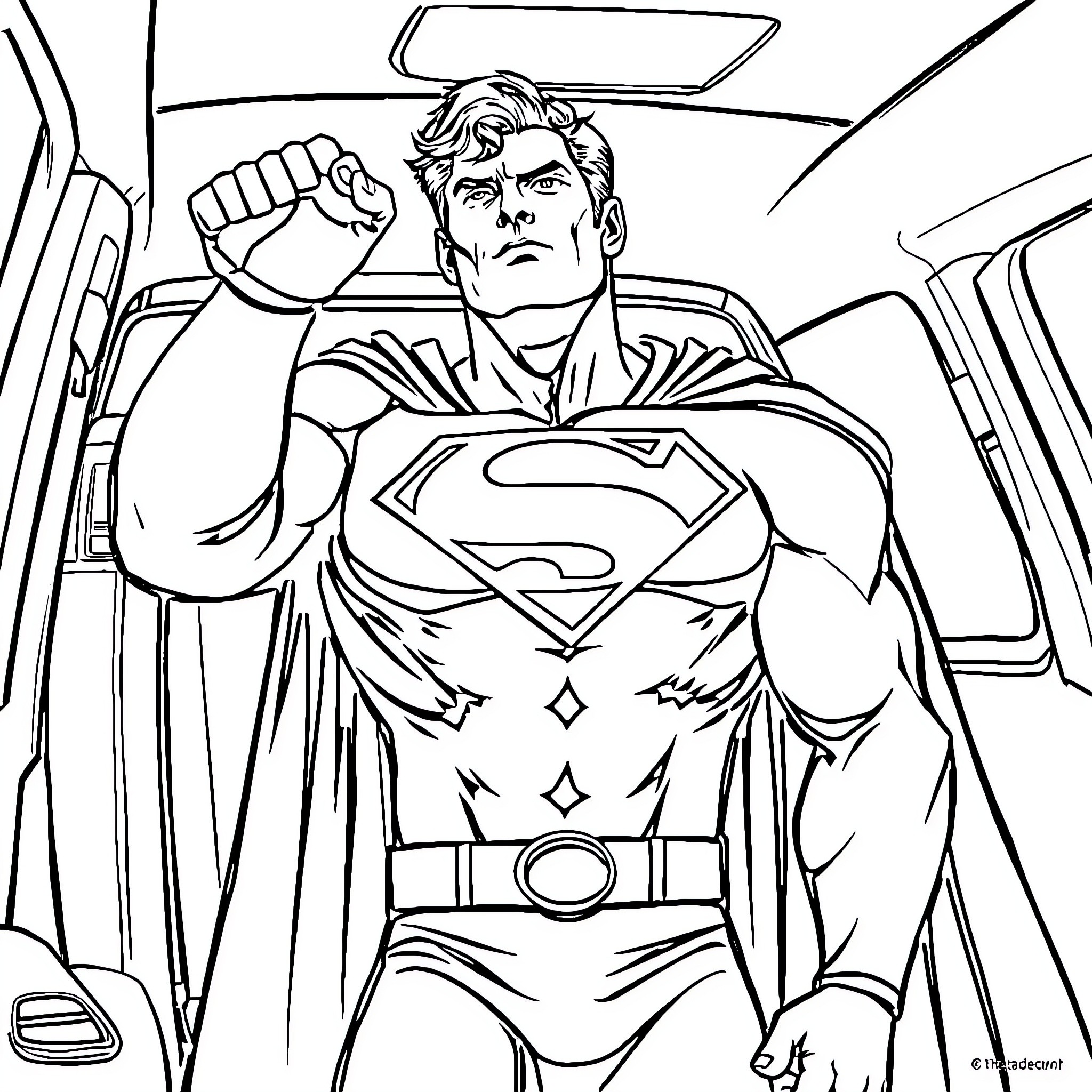 Superman heroically flying in his vehicle Coloring Page (free black-and-white line drawing printable PDF for all, from beginners to advanced learners, including children, teens, adults, and seniors)