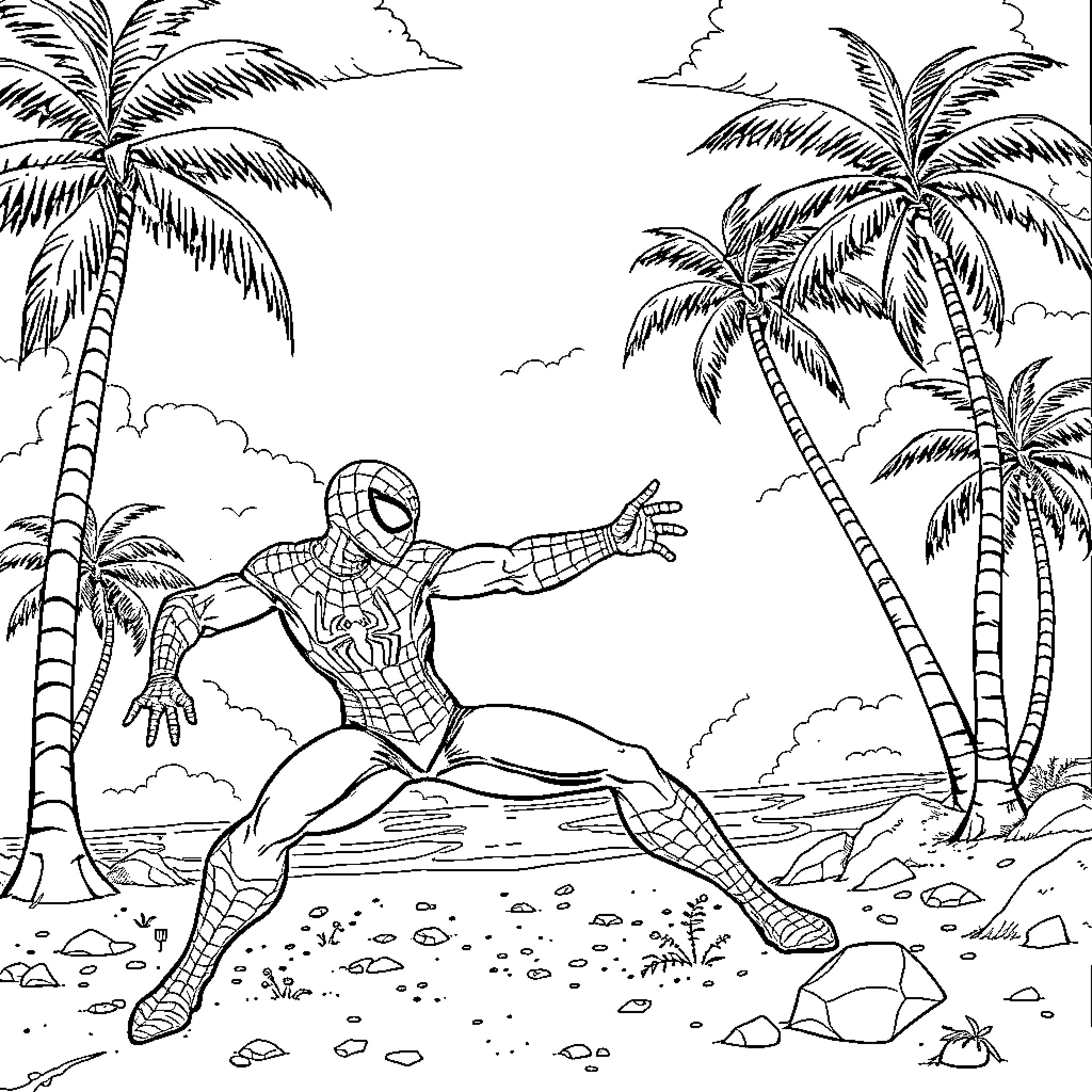 Spiderman swinging through tropical beach scene Coloring Page (free black-and-white line drawing printable PDF for all, from beginners to advanced learners, including children, teens, adults, and seniors)
