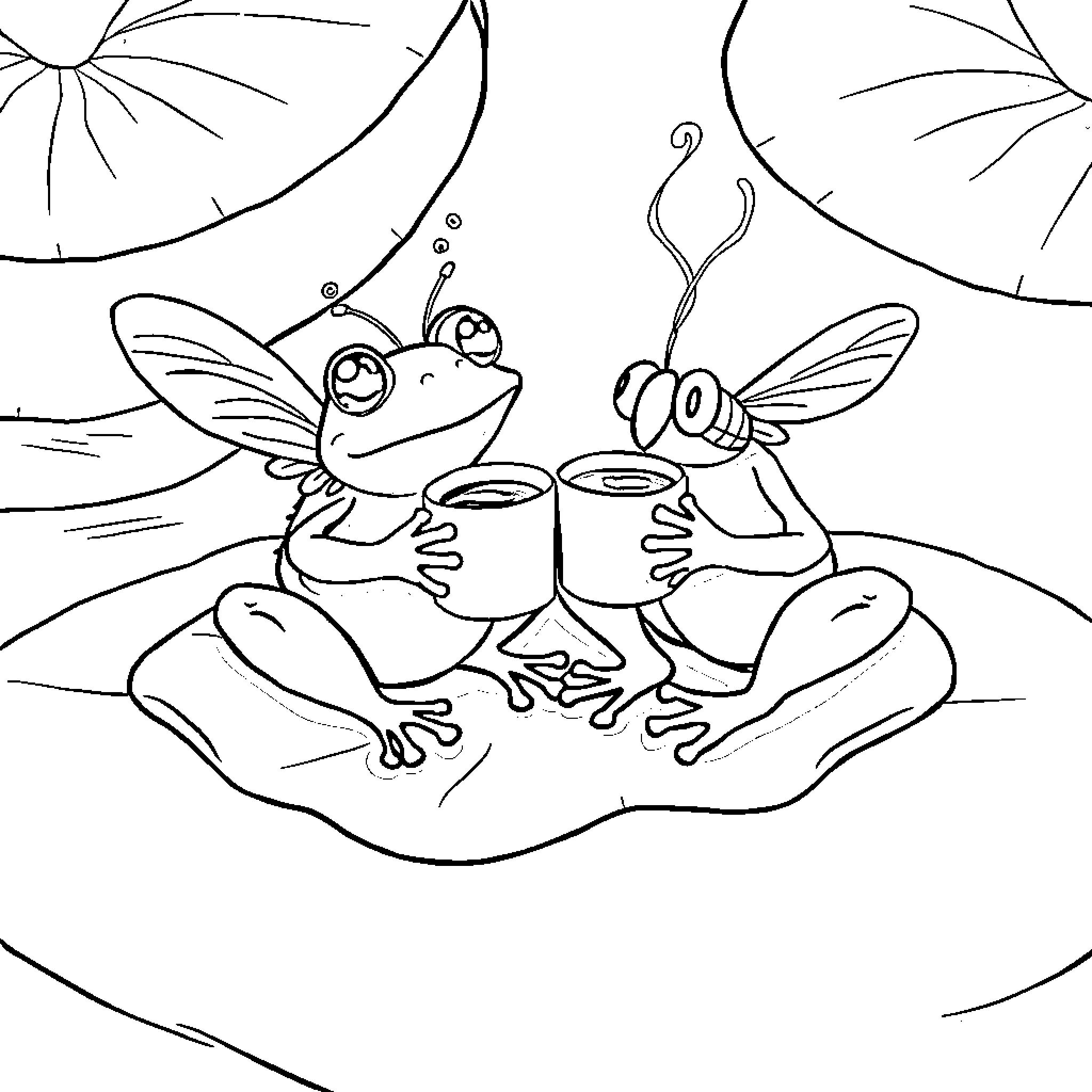 Frog friends enjoying beverages in nature Coloring Page (free black-and-white line drawing printable PDF for all, from beginners to advanced learners, including children, teens, adults, and seniors)