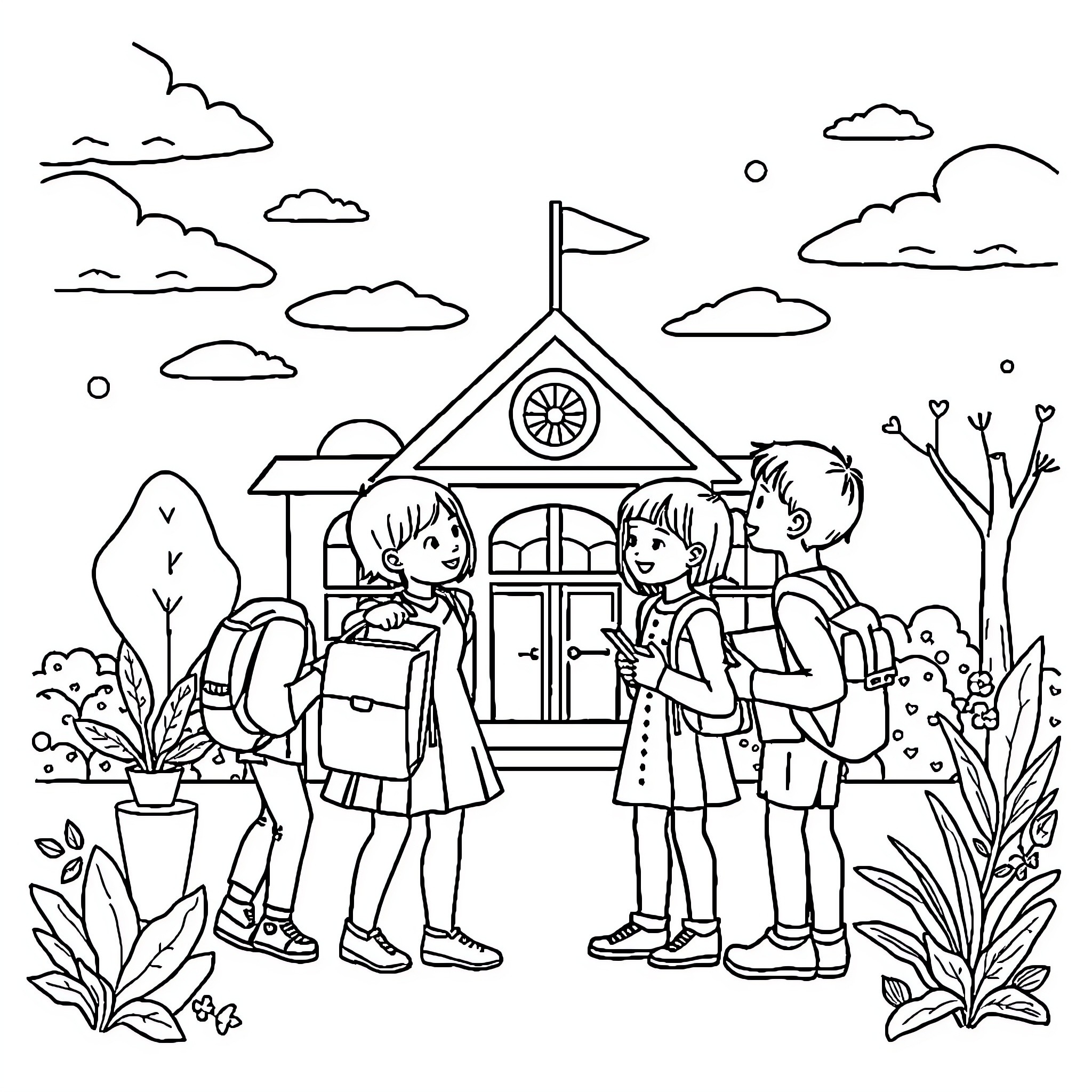 School children exploring the campus with excitement Coloring Page (free black-and-white line drawing printable PDF for all, from beginners to advanced learners, including children, teens, adults, and seniors)