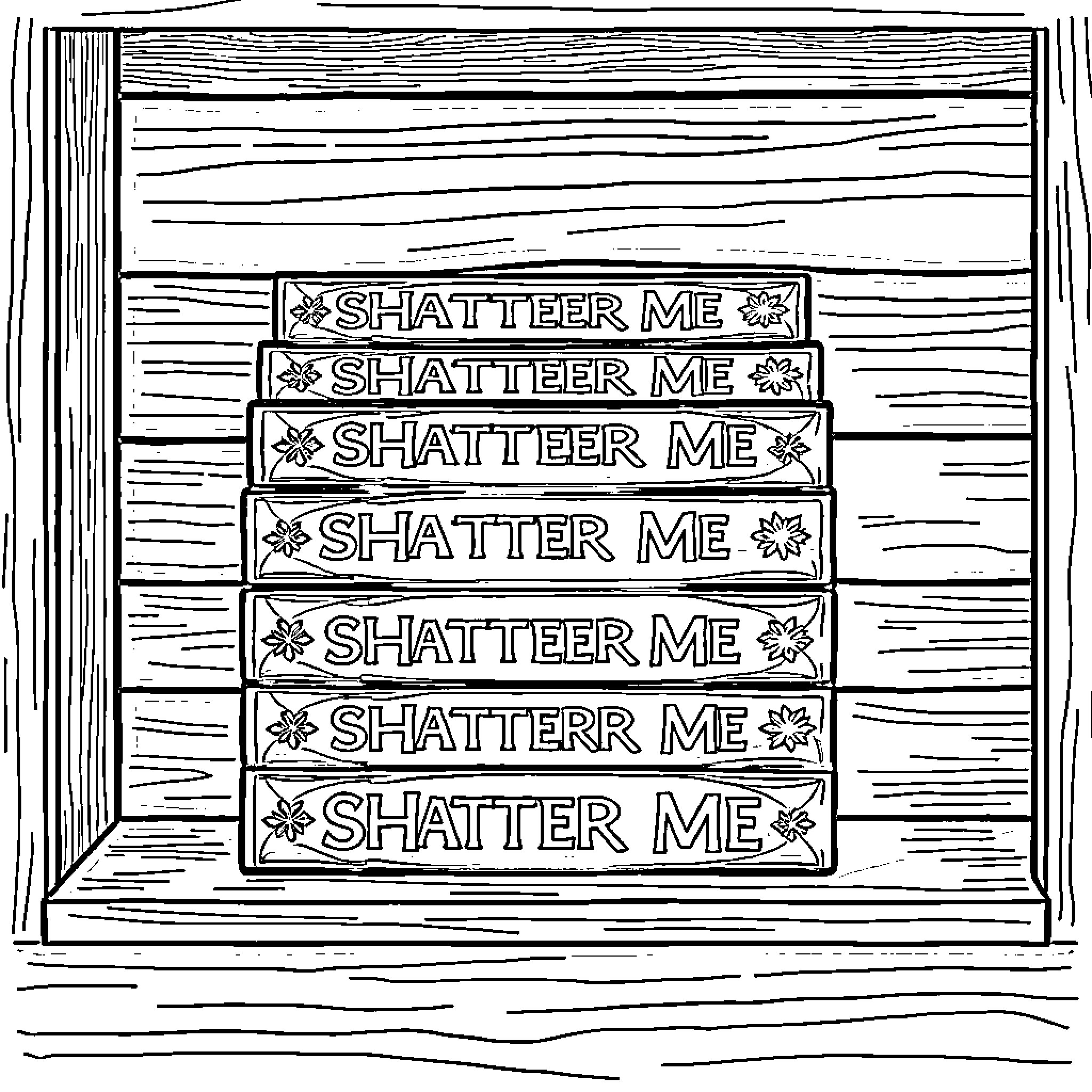 Shatter Me: Stacked Book Spines with Repeated Text Coloring Page (free black-and-white line drawing printable PDF for all, from beginners to advanced learners, including children, teens, adults, and seniors)