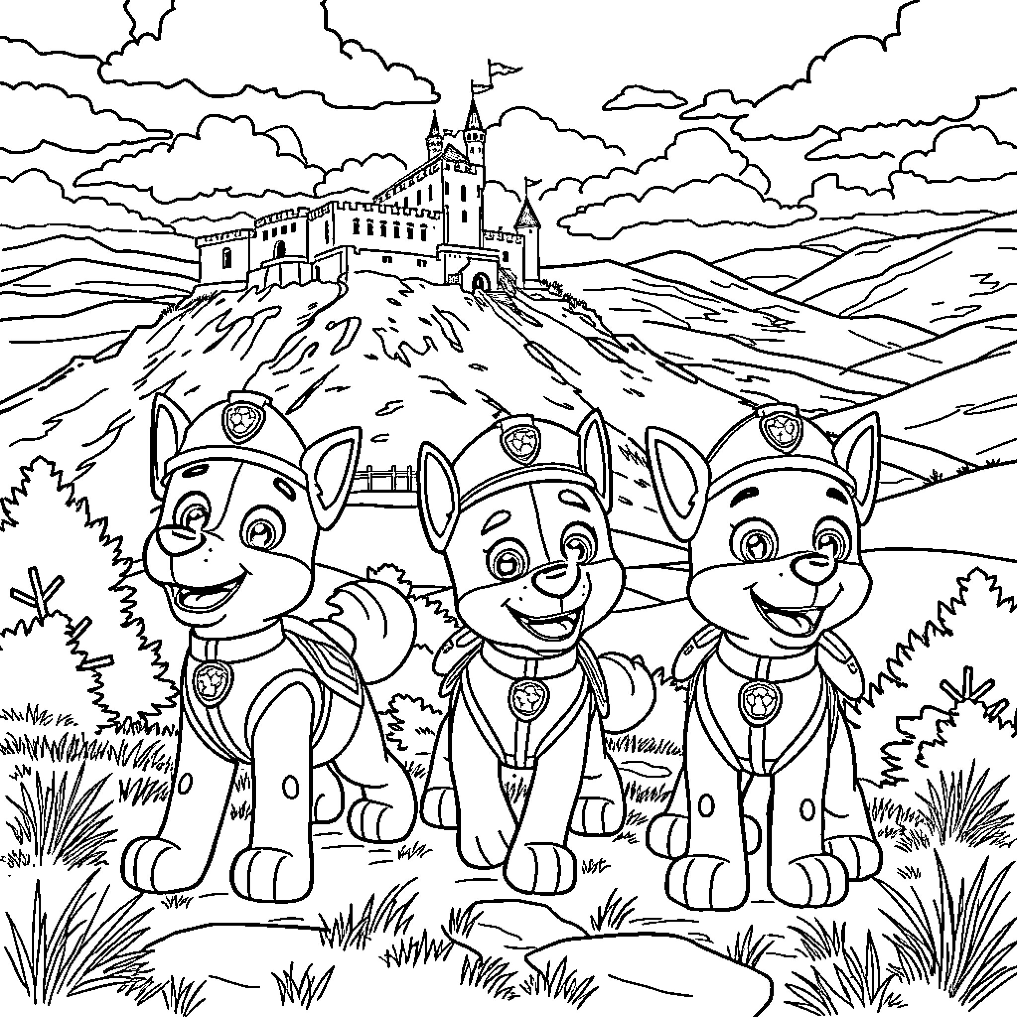 Paw Patrol pups smiling together in front of a castle Coloring Page (free black-and-white line drawing printable PDF for all, from beginners to advanced learners, including children, teens, adults, and seniors)