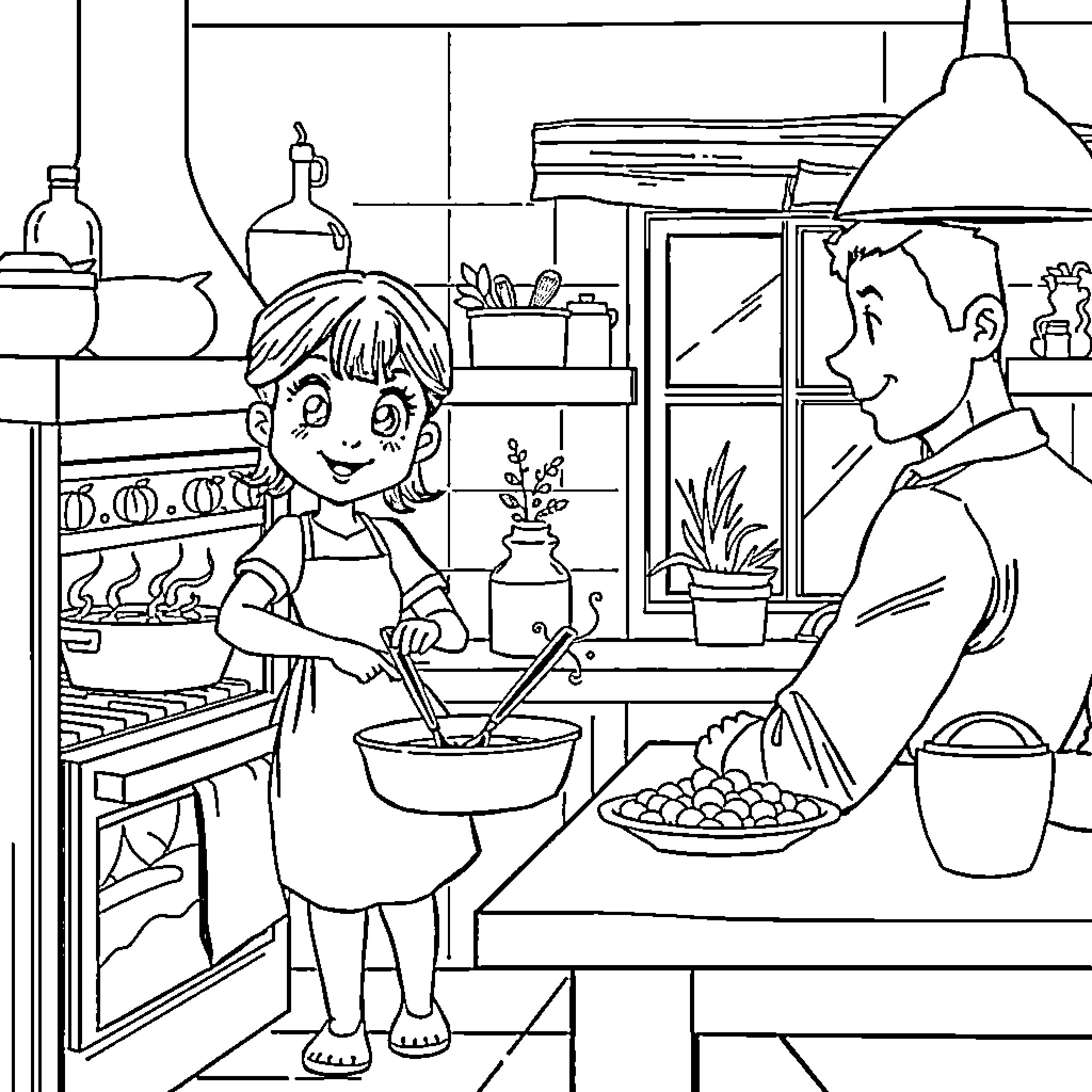 Girl Cooking with Family in Kitchen Coloring Page (free black-and-white line drawing printable PDF for all, from beginners to advanced learners, including children, teens, adults, and seniors)