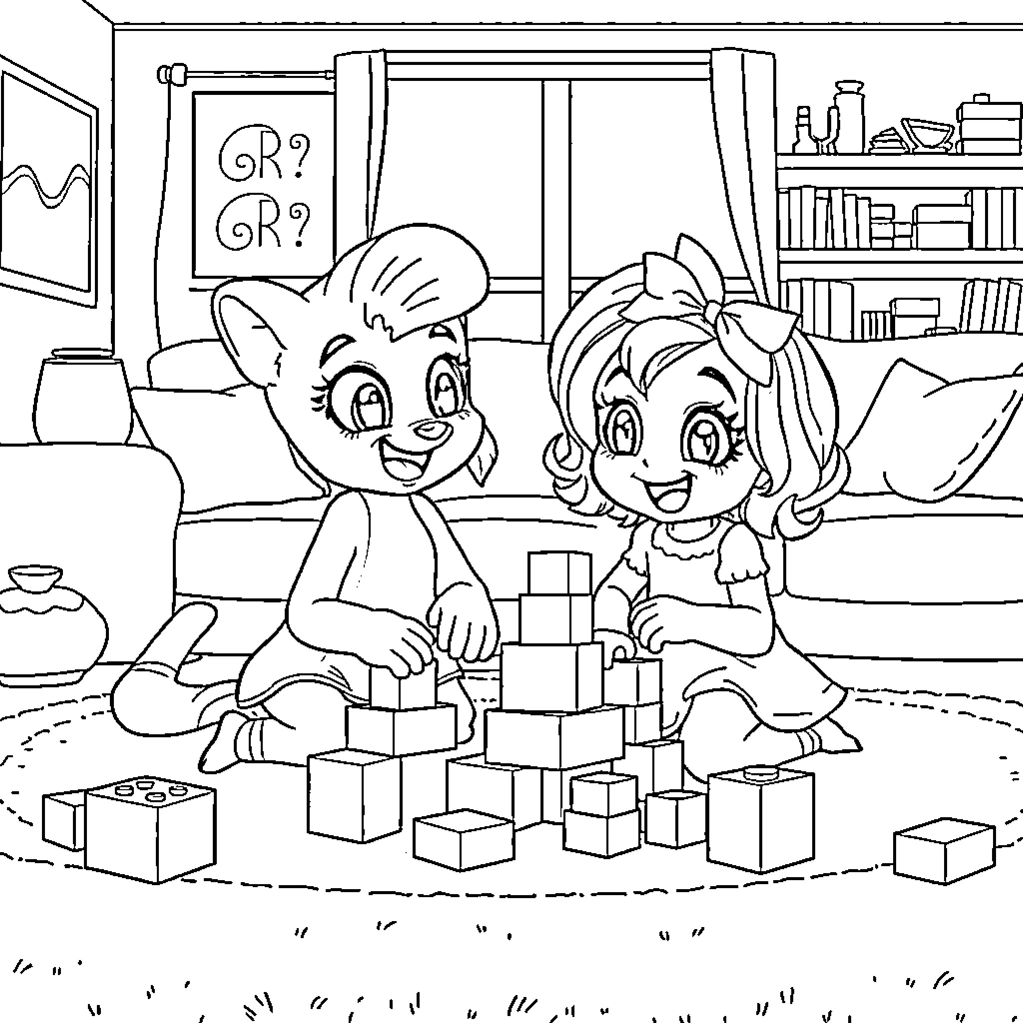 Bluey and Bingo Playing with Blocks at Home Coloring Page (free black-and-white line drawing printable PDF for all, from beginners to advanced learners, including children, teens, adults, and seniors)