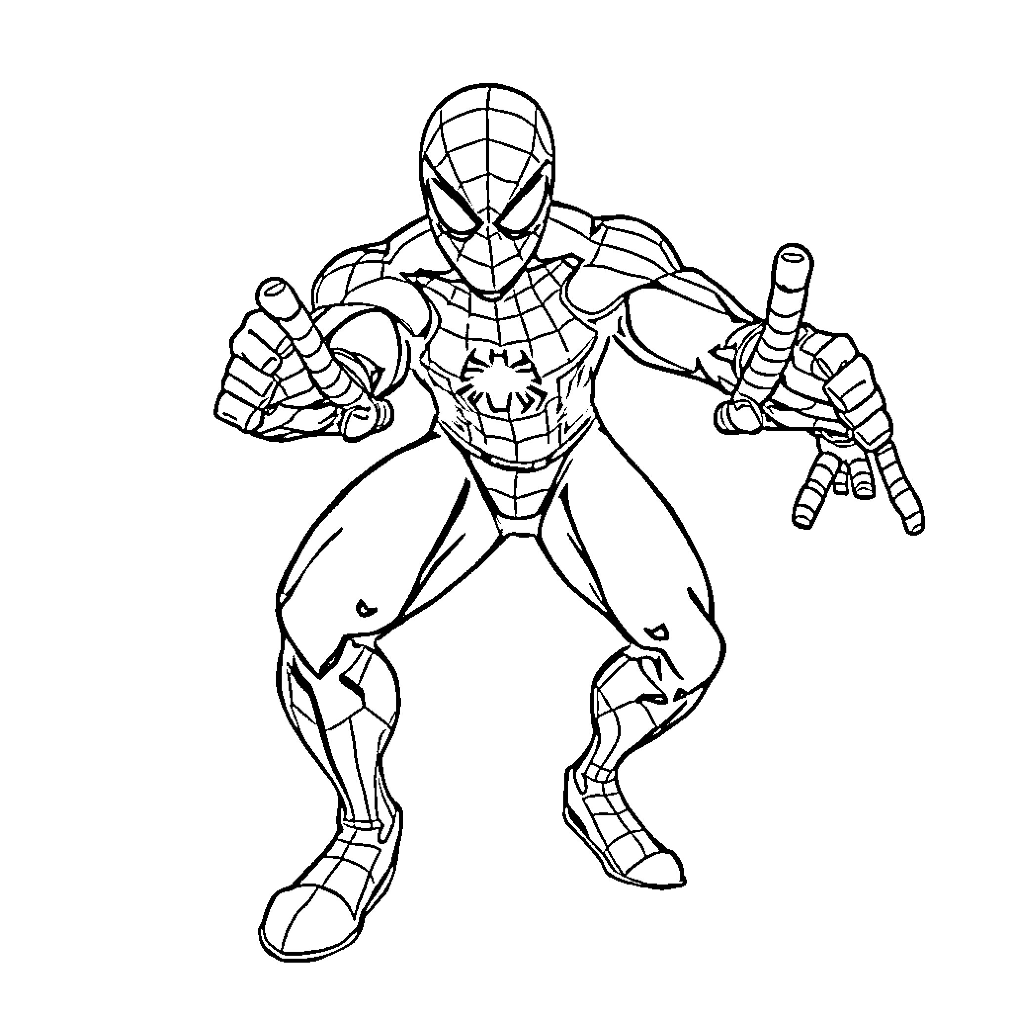 Spiderman in action-packed pose Coloring Page (free black-and-white line drawing printable PDF for all, from beginners to advanced learners, including children, teens, adults, and seniors)