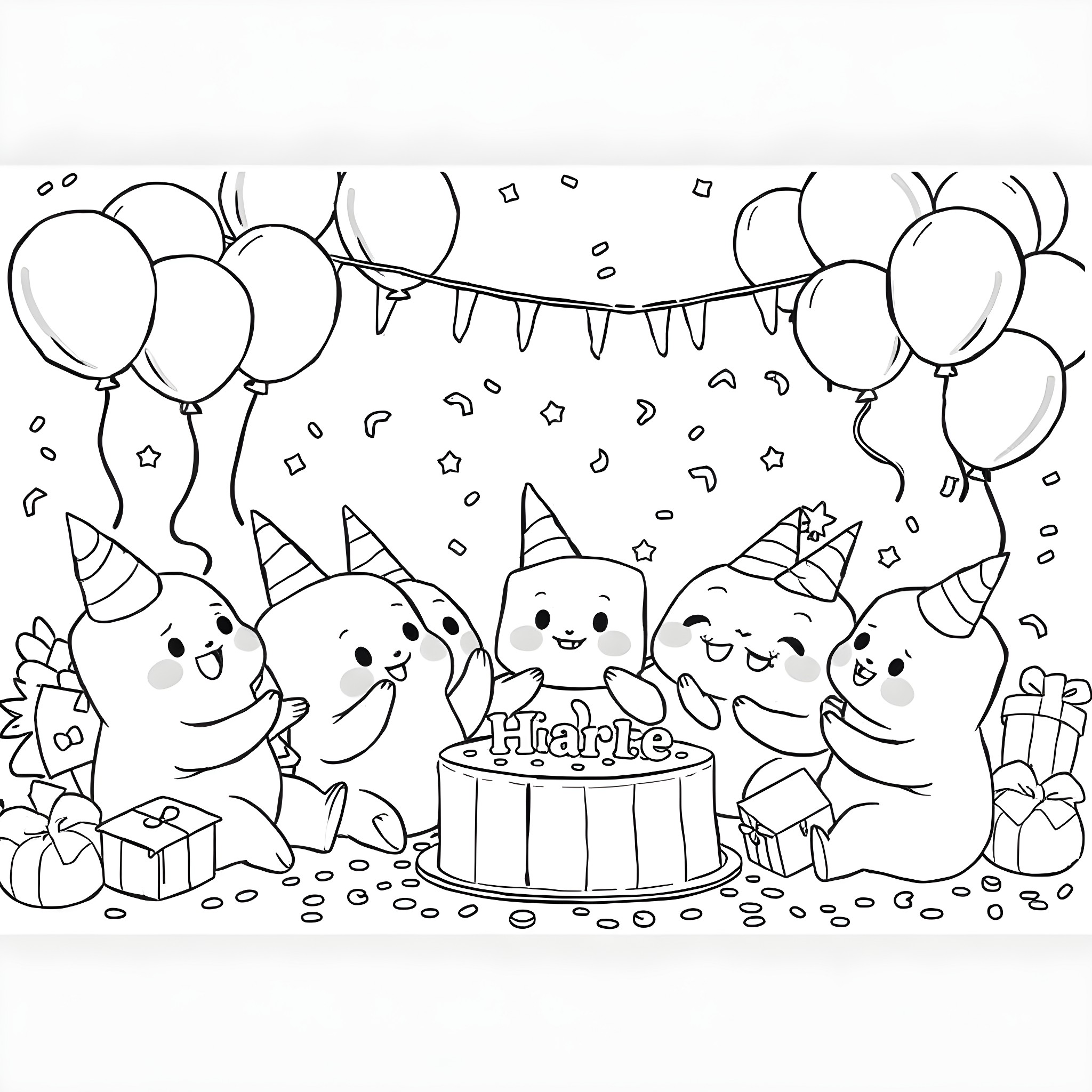 Squishmallow Characters Celebrating a Birthday Party Coloring Page (free black-and-white line drawing printable PDF for all, from beginners to advanced learners, including children, teens, adults, and seniors)