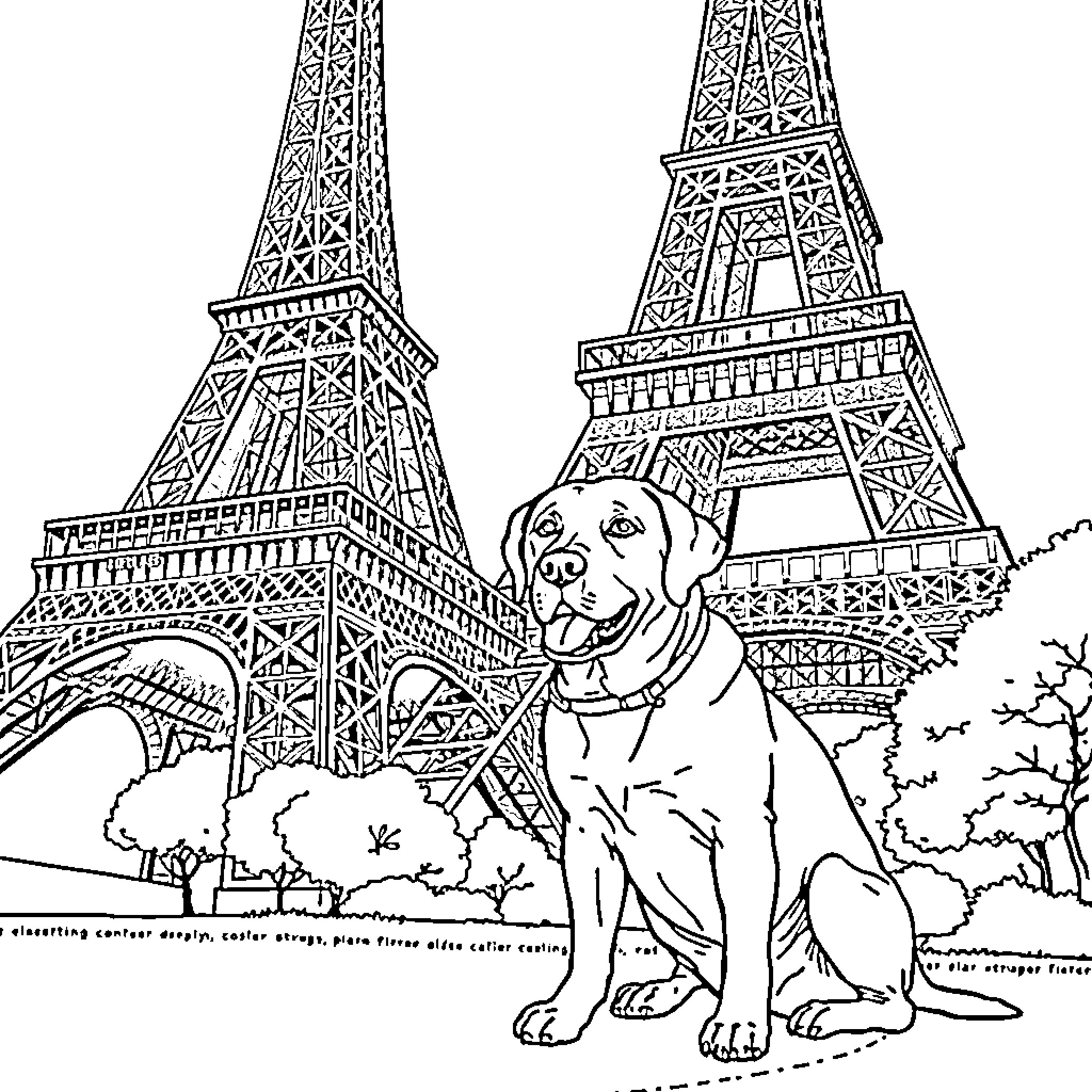 Labrador enjoying the sights of Paris Coloring Page (free black-and-white line drawing printable PDF for all, from beginners to advanced learners, including children, teens, adults, and seniors)