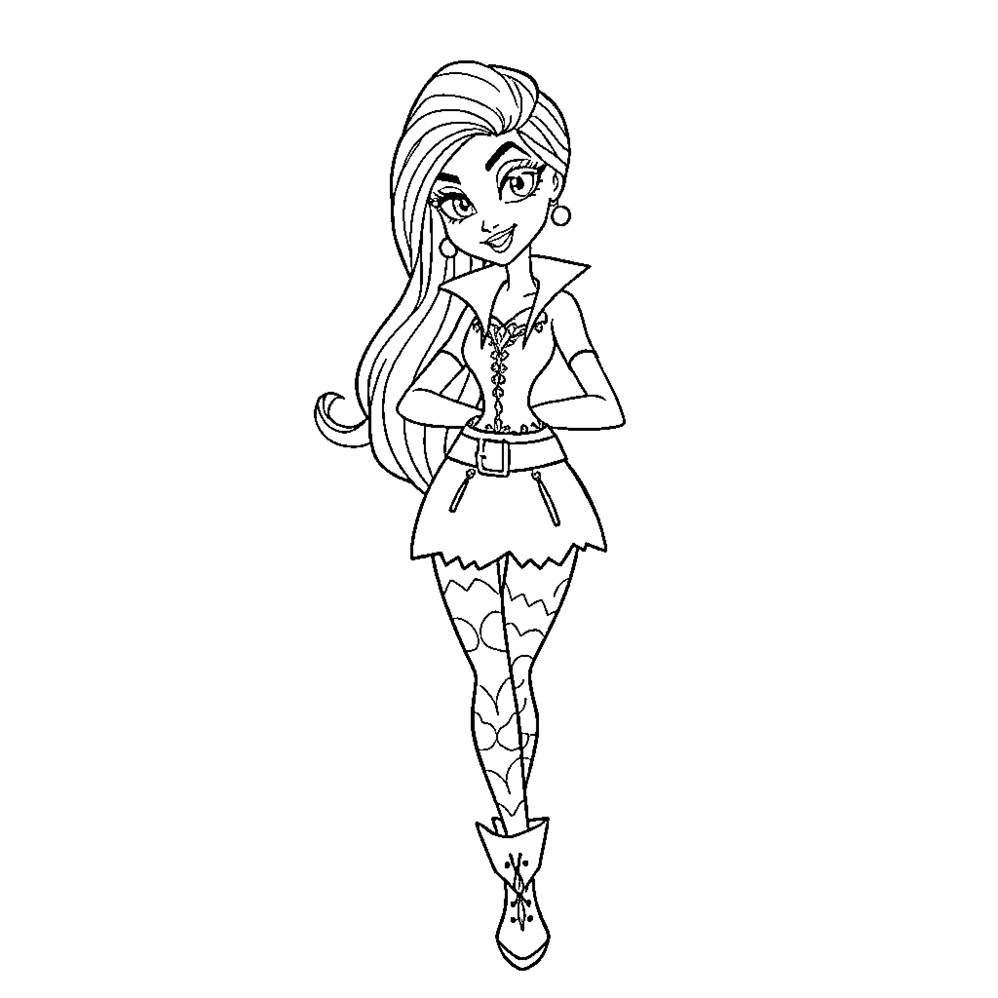 Mal's Adventurous Attire and Pose Coloring Page (free black-and-white line drawing printable PDF for all, from beginners to advanced learners, including children, teens, adults, and seniors)
