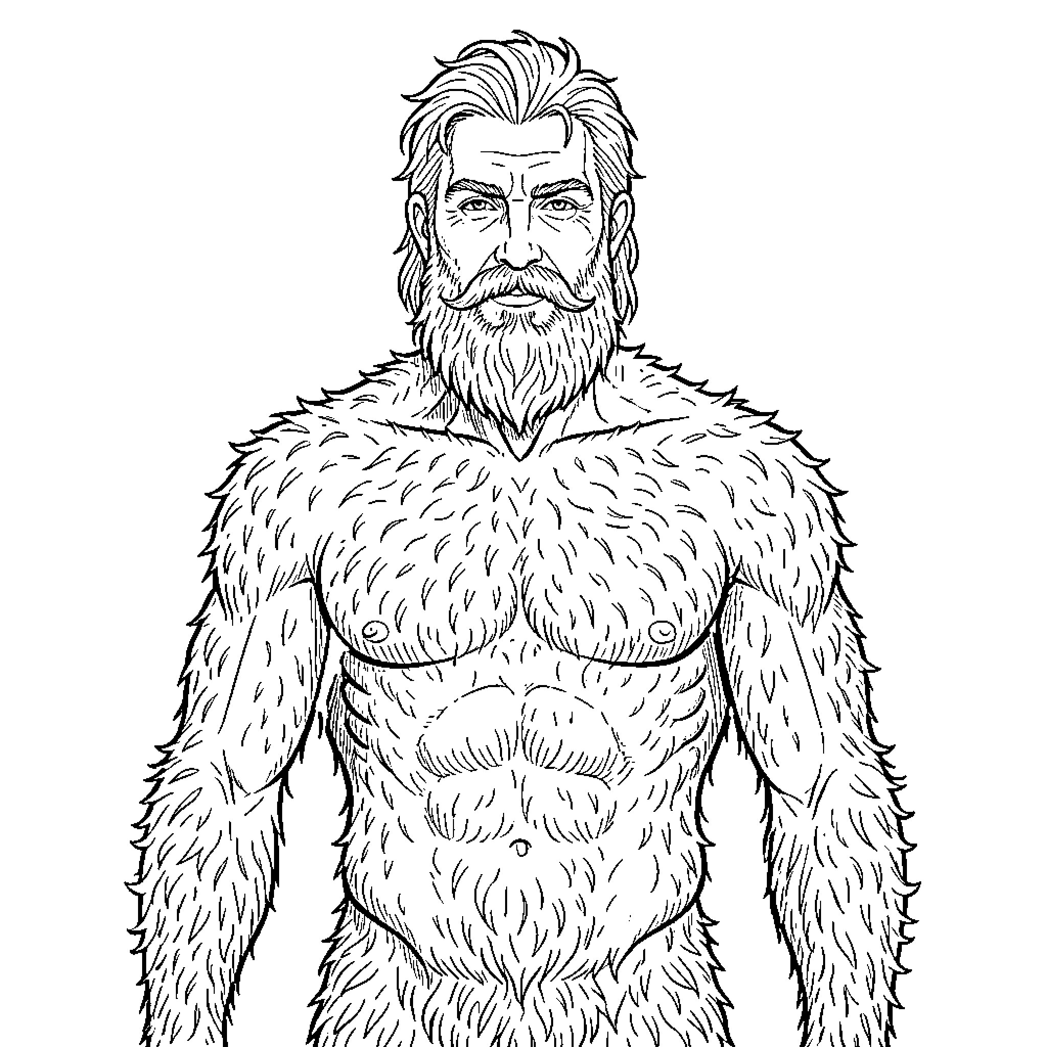 Man with long beard and furry attire Coloring Page (free black-and-white line drawing printable PDF for all, from beginners to advanced learners, including children, teens, adults, and seniors)