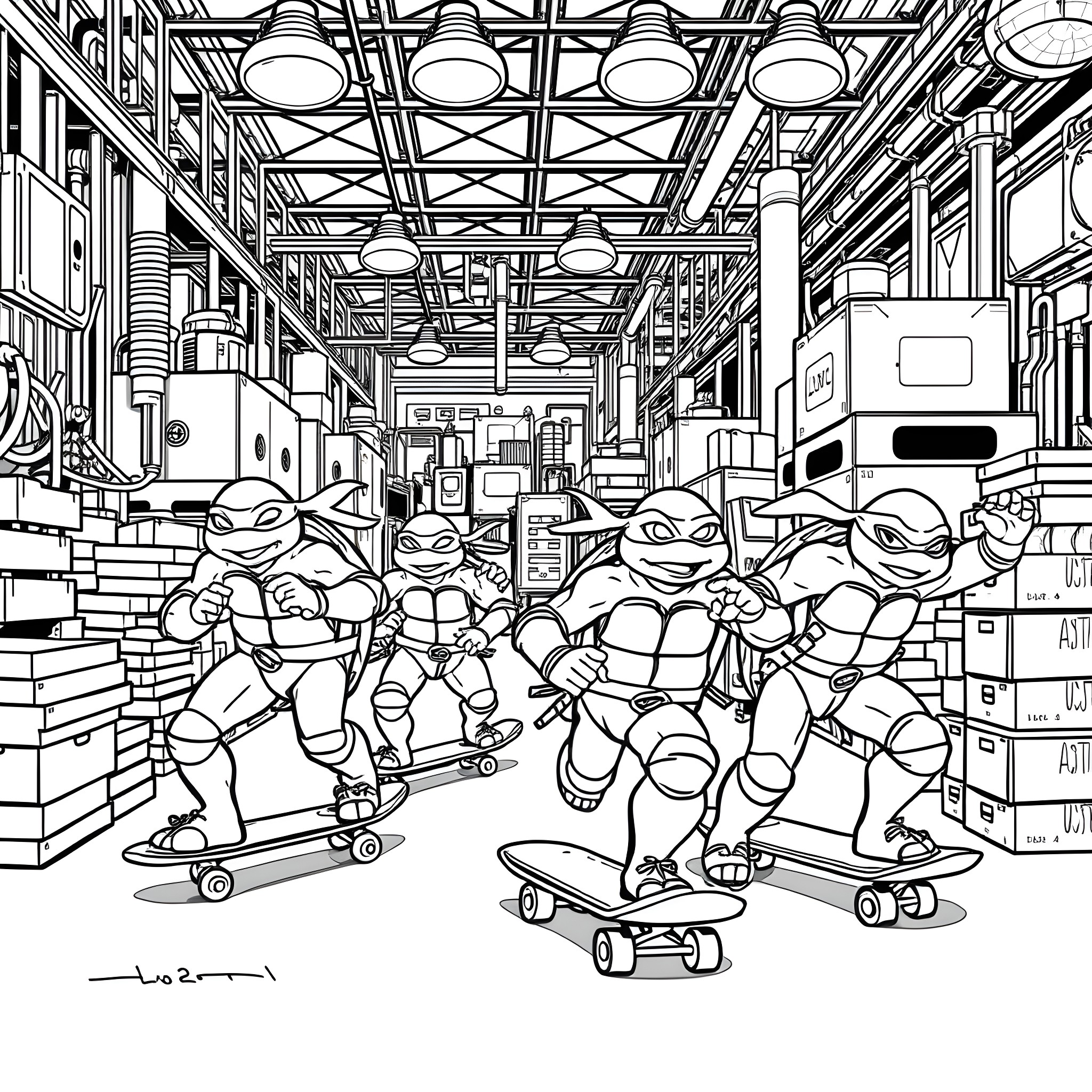 Teenage Mutant Ninja Turtles Skateboarding Adventure Coloring Page (free black-and-white line drawing printable PDF for all, from beginners to advanced learners, including children, teens, adults, and seniors)