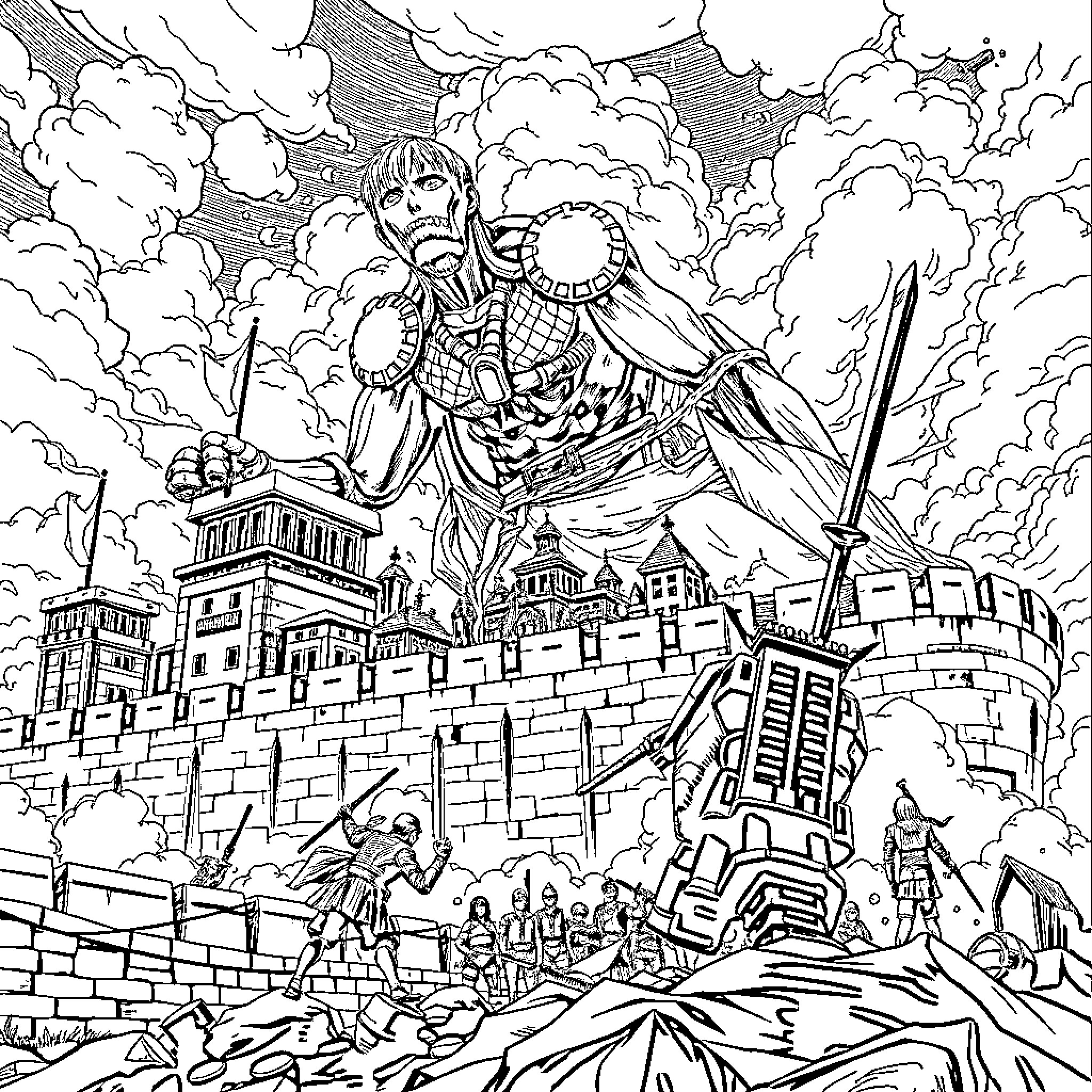 Attack on Titan: Colossal Titan Rampaging Over Walled City Coloring Page (free black-and-white line drawing printable PDF for all, from beginners to advanced learners, including children, teens, adults, and seniors)