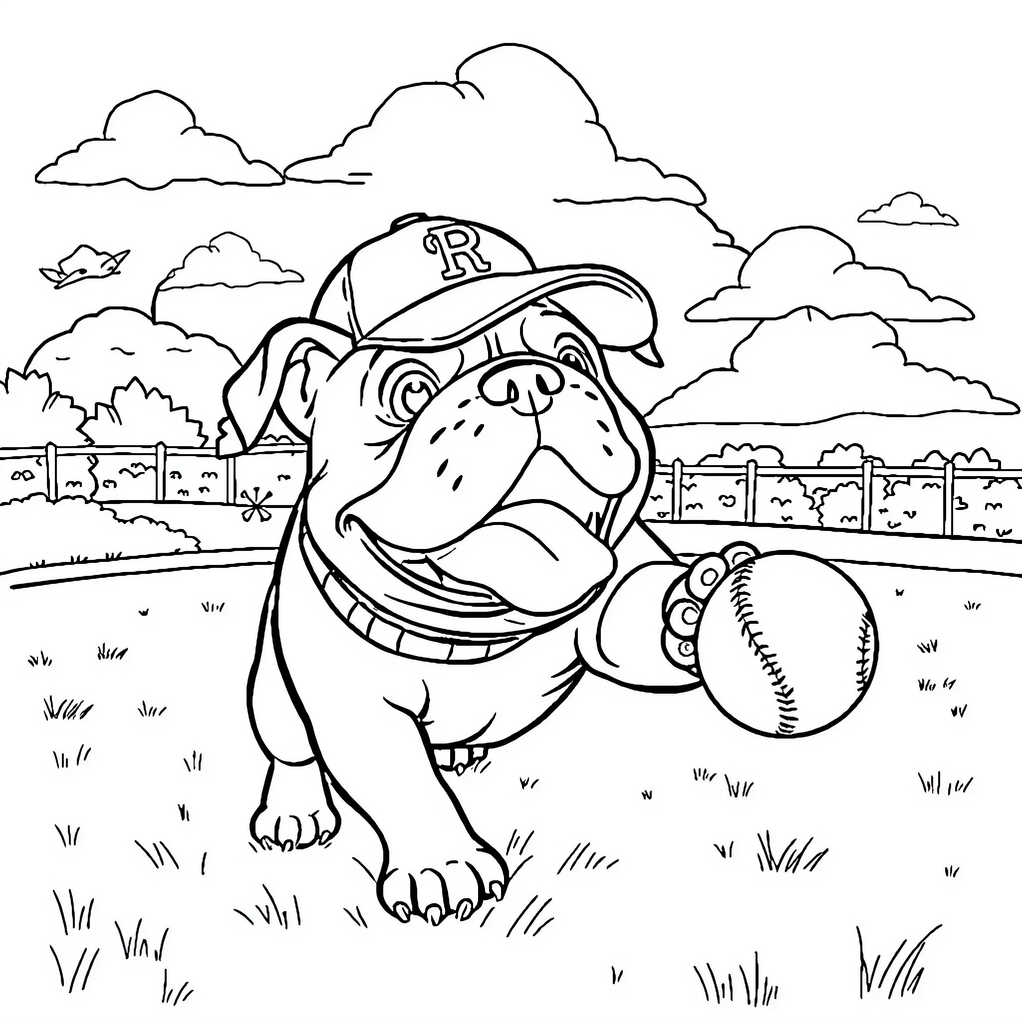 Bulldog playing baseball in an outdoor field Coloring Page (free black-and-white line drawing printable PDF for all, from beginners to advanced learners, including children, teens, adults, and seniors)
