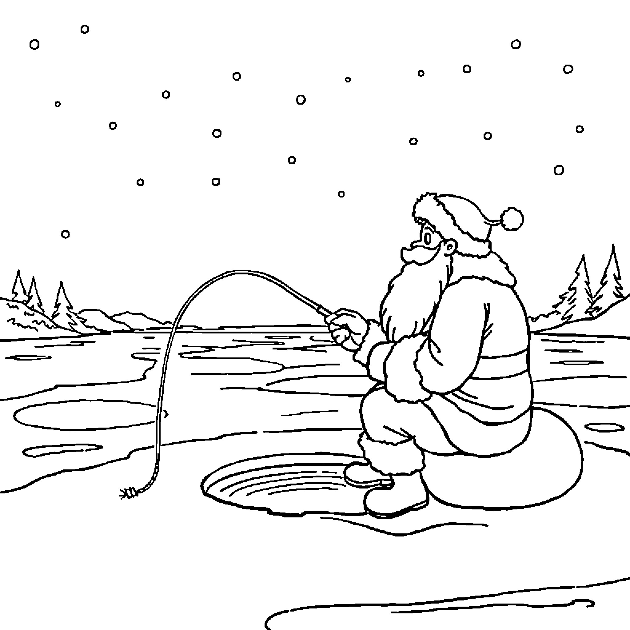 Santa fishing in a winter wonderland Coloring Page (free black-and-white line drawing printable PDF for all, from beginners to advanced learners, including children, teens, adults, and seniors)