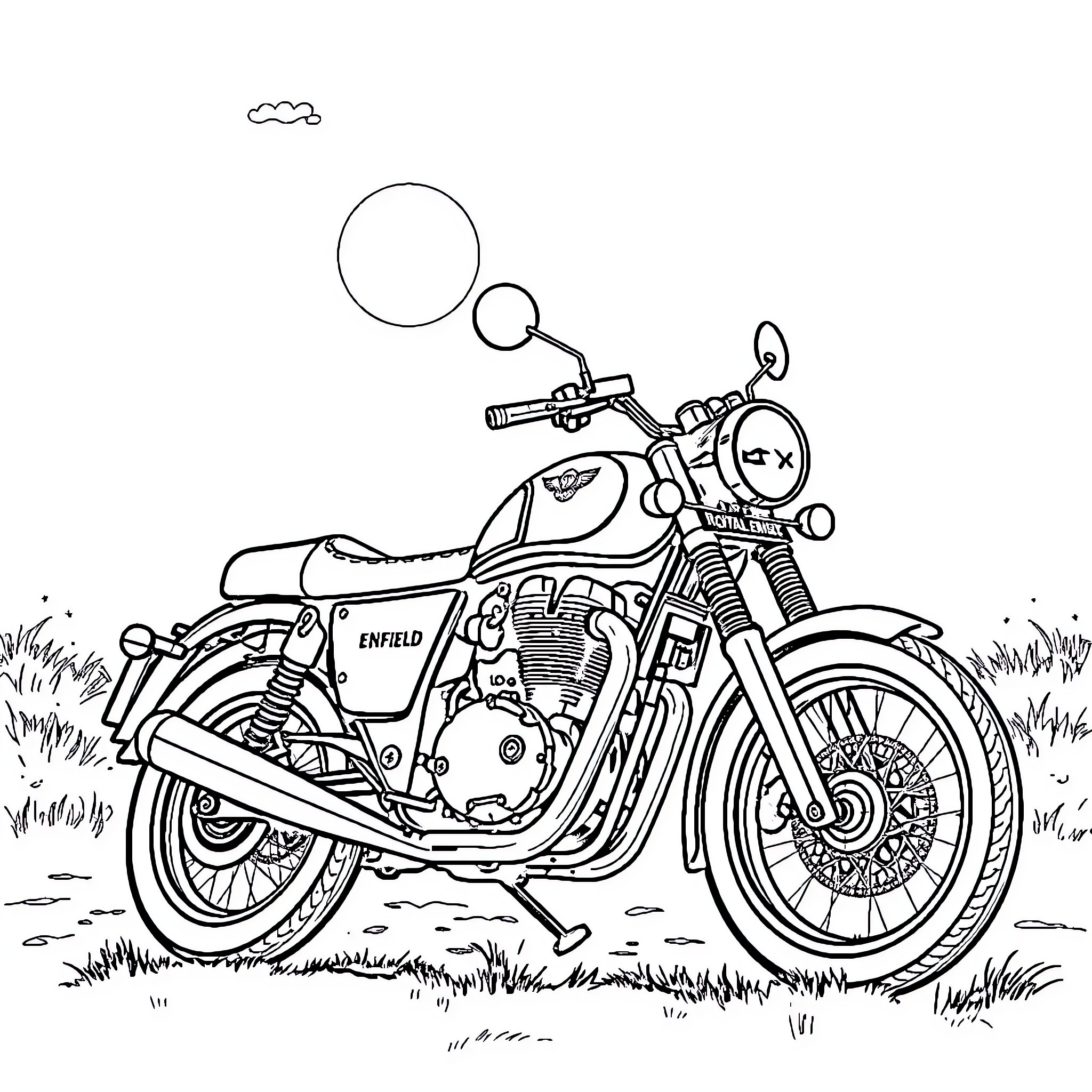 Royal Enfield motorcycle parked on a grassy field Coloring Page (free black-and-white line drawing printable PDF for all, from beginners to advanced learners, including children, teens, adults, and seniors)