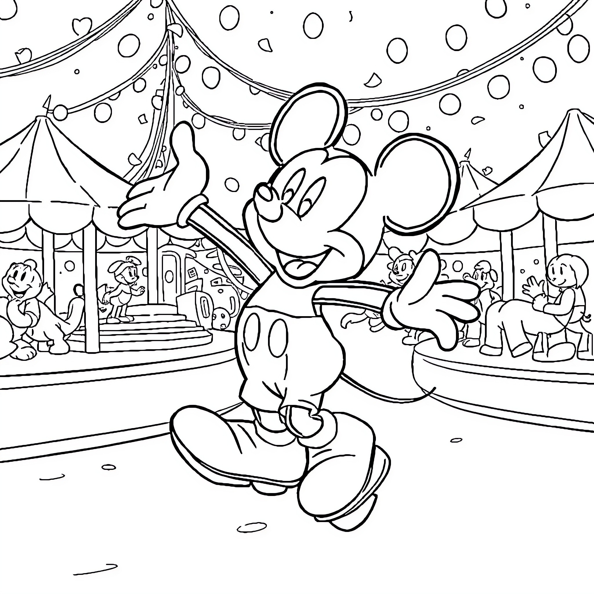 Mickey Mouse enjoying a carnival at the park Coloring Page (free black-and-white line drawing printable PDF for all, from beginners to advanced learners, including children, teens, adults, and seniors)
