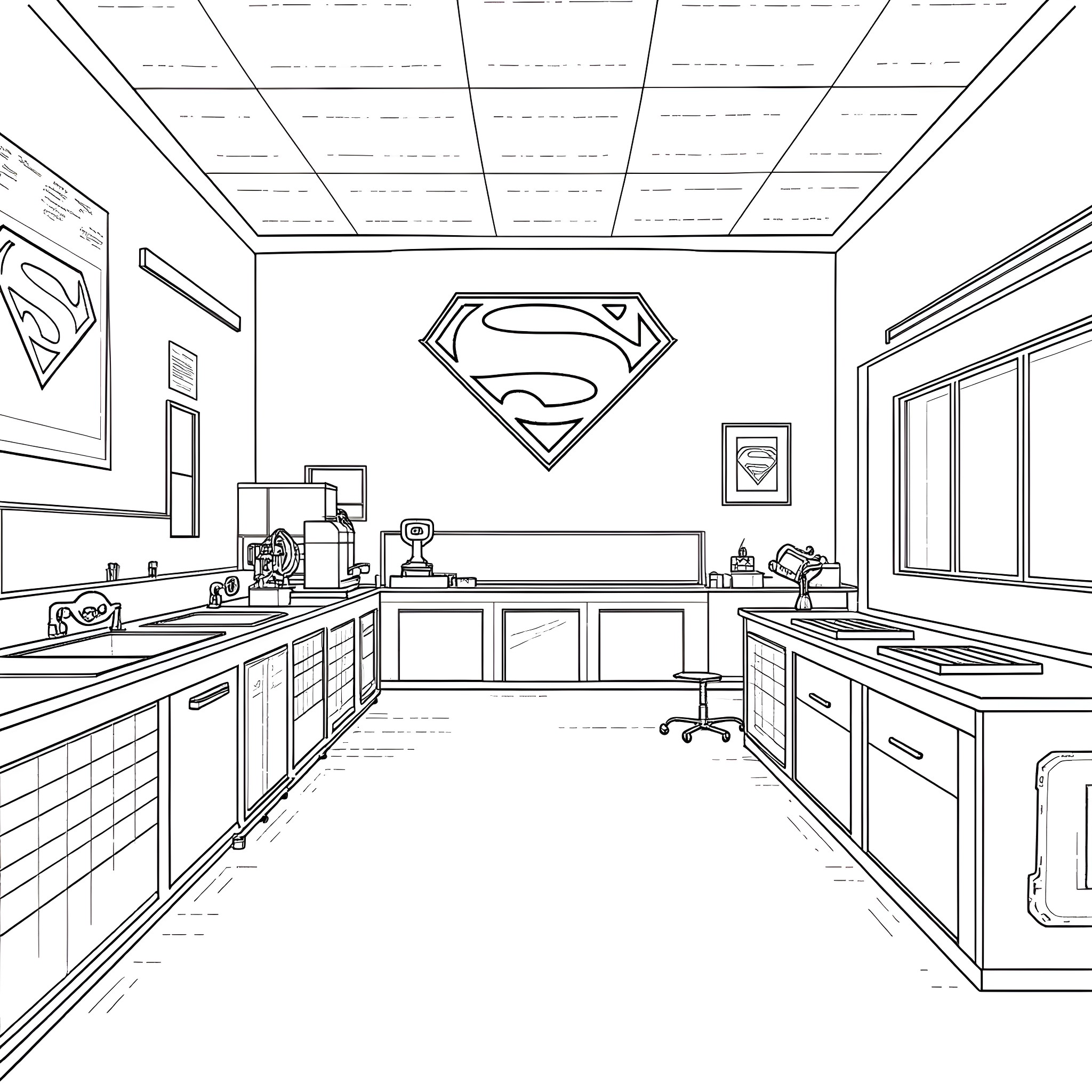 Superman's Lair: A Workspace Fit for a Hero Coloring Page (free black-and-white line drawing printable PDF for all, from beginners to advanced learners, including children, teens, adults, and seniors)