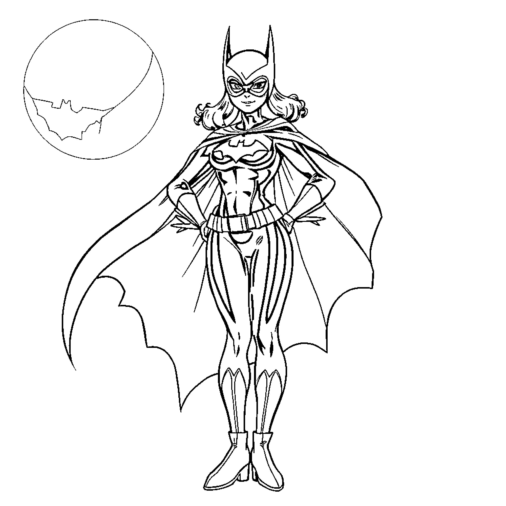 Bat Girl strikes heroic pose in costume Coloring Page (free black-and-white line drawing printable PDF for all, from beginners to advanced learners, including children, teens, adults, and seniors)