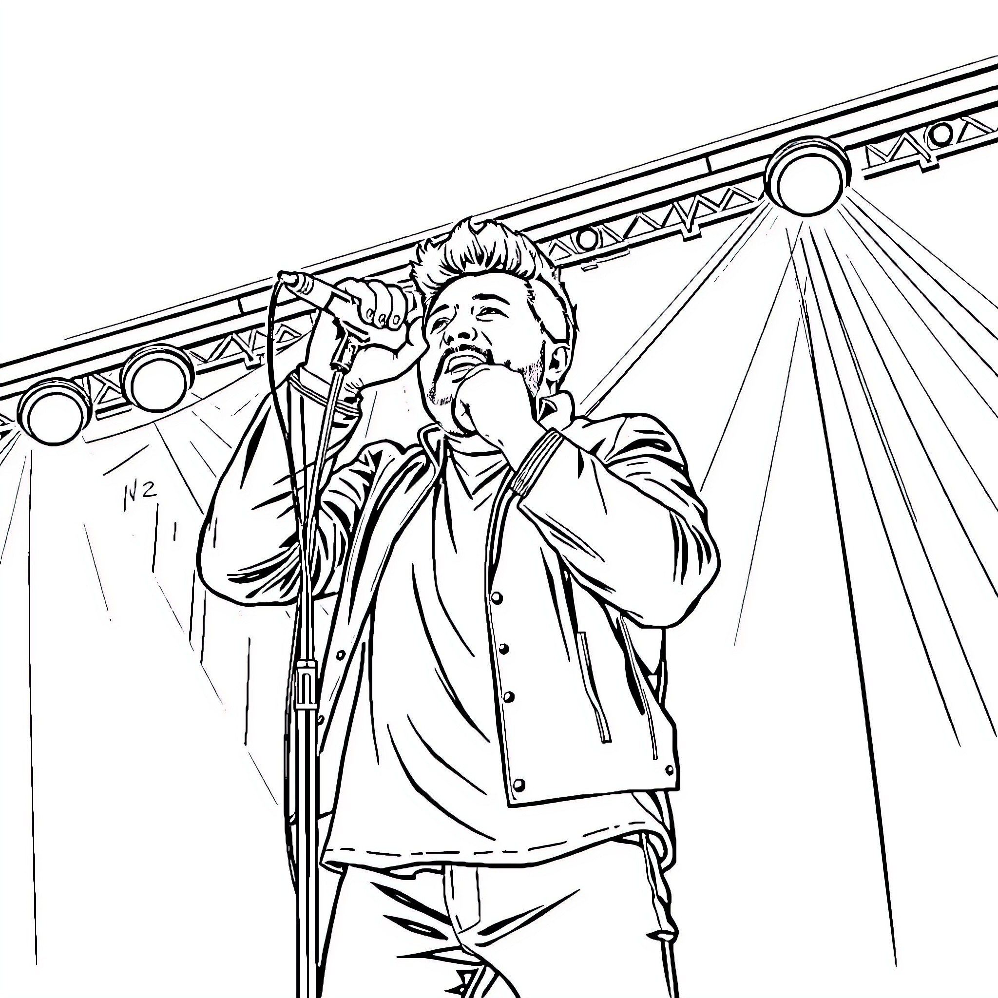 Blessd musician performing passionately on stage Coloring Page (free black-and-white line drawing printable PDF for all, from beginners to advanced learners, including children, teens, adults, and seniors)