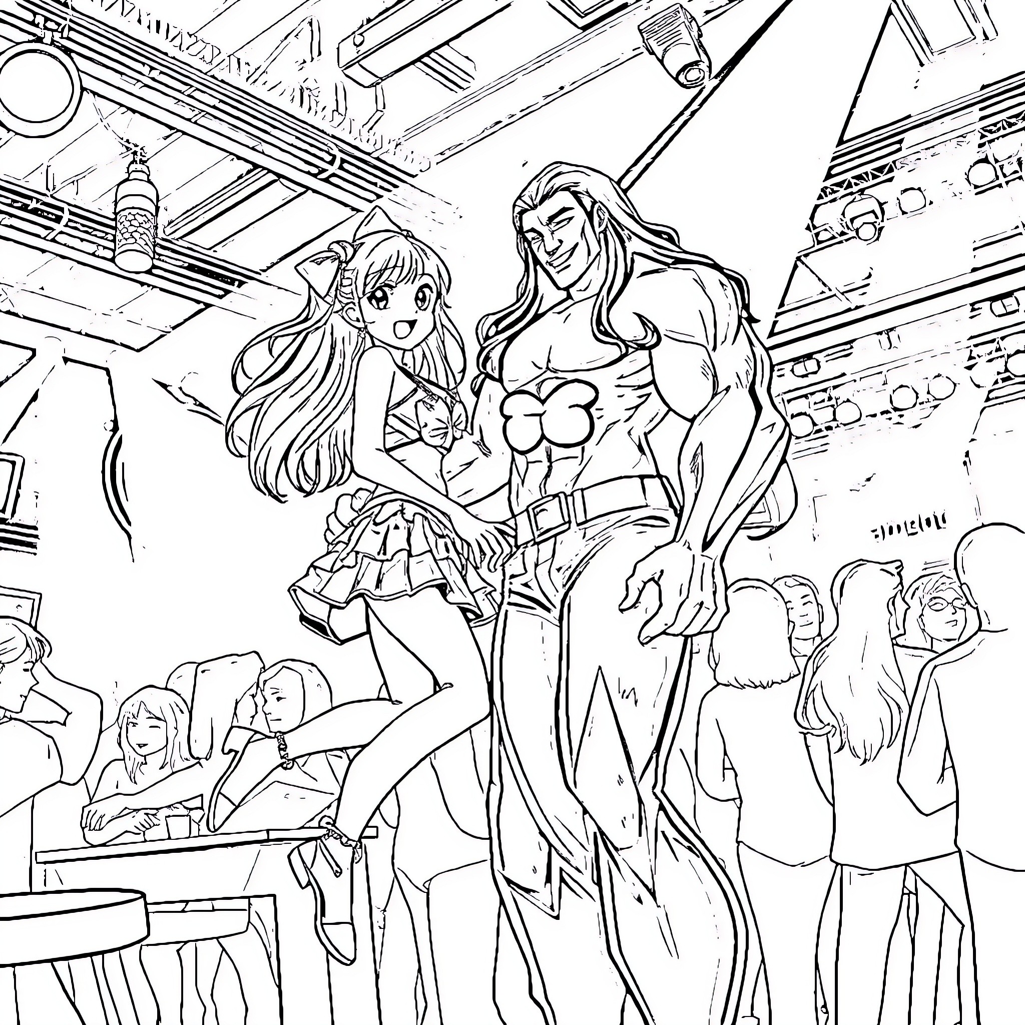 Anime two girls in dramatic action scene Coloring Page (free black-and-white line drawing printable PDF for all, from beginners to advanced learners, including children, teens, adults, and seniors)