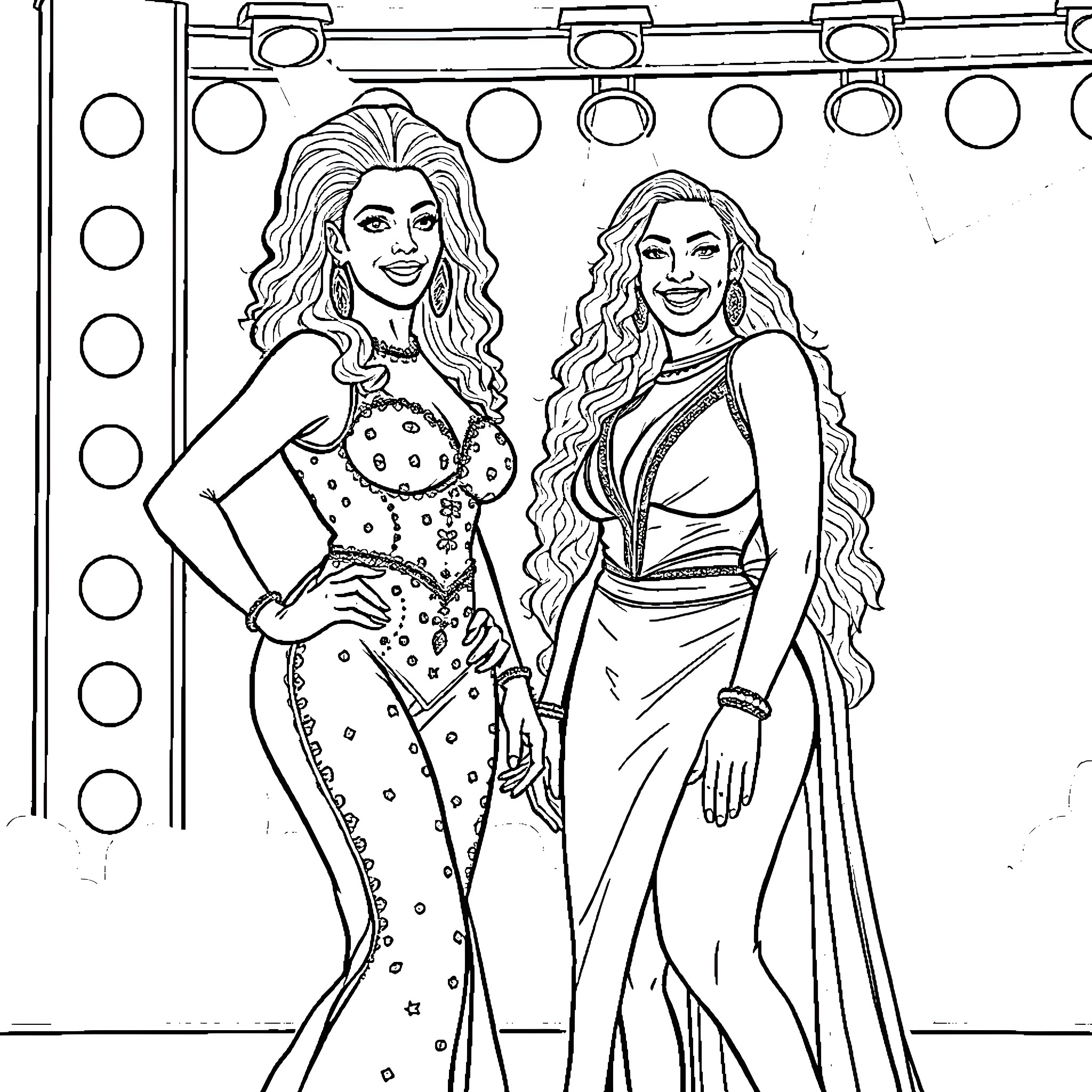 Charlotte Flair and Becky Lynch Posing Together on Stage Coloring Page (free black-and-white line drawing printable PDF for all, from beginners to advanced learners, including children, teens, adults, and seniors)