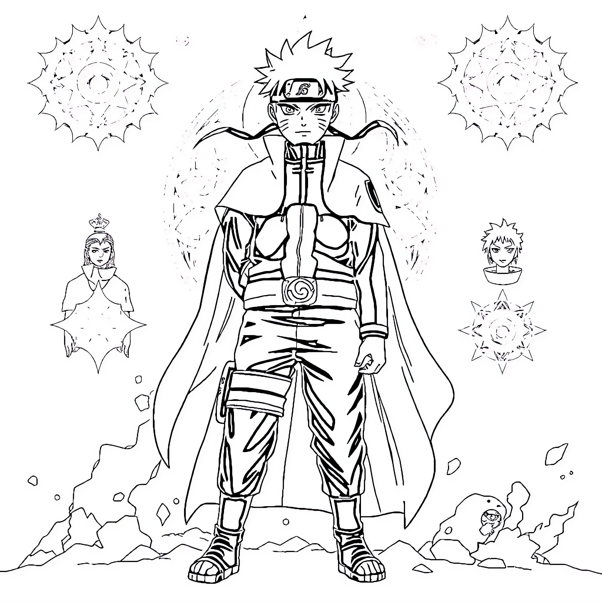 Naruto in Powerful Ninja Attire and Pose Coloring Page (free black-and-white line drawing printable PDF for all, from beginners to advanced learners, including children, teens, adults, and seniors)
