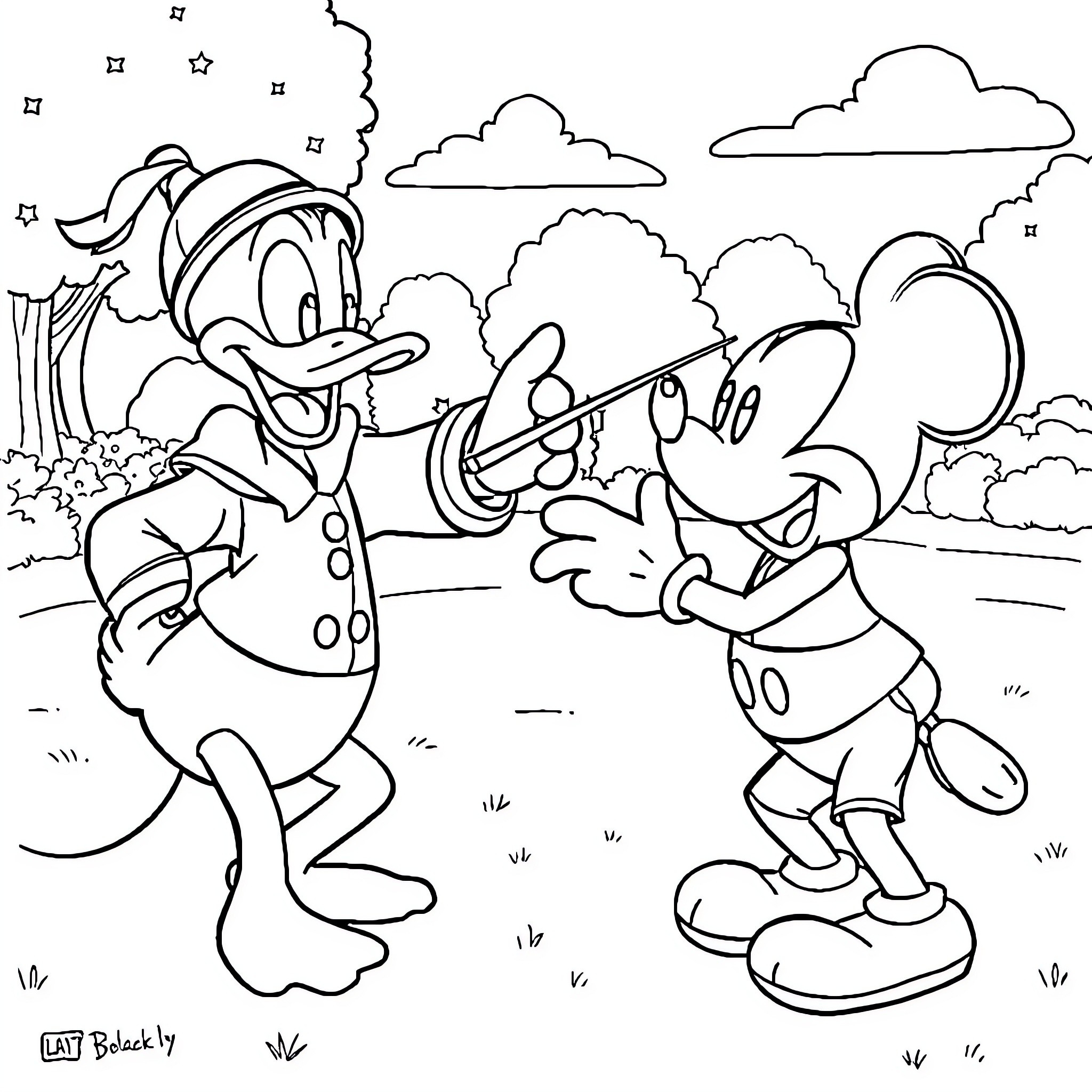 Donald Duck and Mickey Mouse Enjoying Outdoor Adventure Coloring Page (free black-and-white line drawing printable PDF for all, from beginners to advanced learners, including children, teens, adults, and seniors)