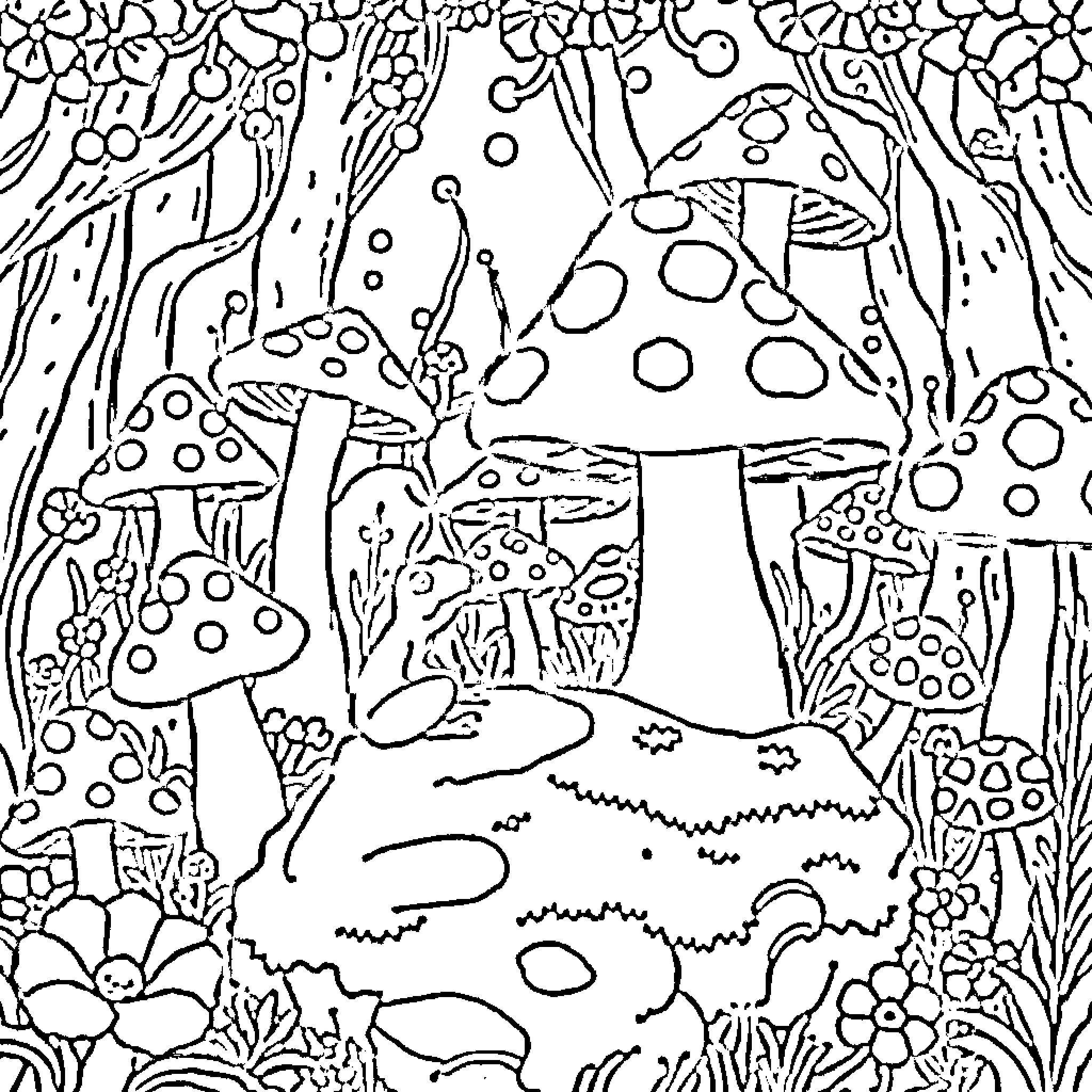 Mushroom Fantasy Forest Filled with Whimsical Elements Coloring Page (free black-and-white line drawing printable PDF for all, from beginners to advanced learners, including children, teens, adults, and seniors)