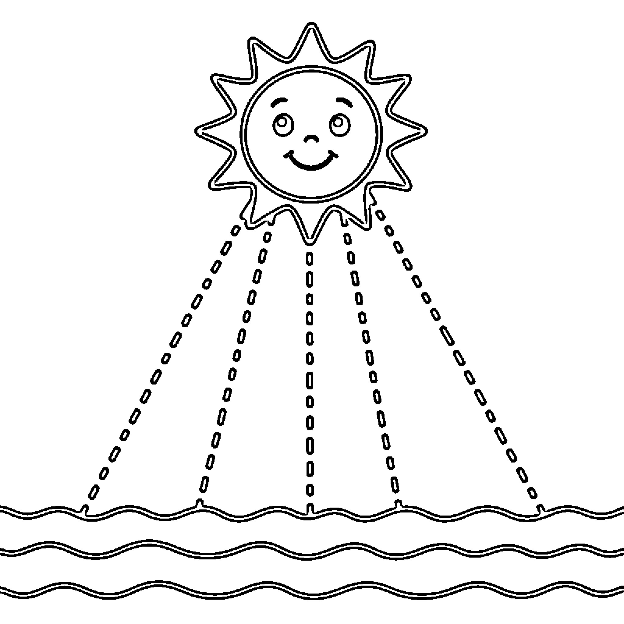 Sun shining brightly over the waves Coloring Page (free black-and-white line drawing printable PDF for all, from beginners to advanced learners, including children, teens, adults, and seniors)