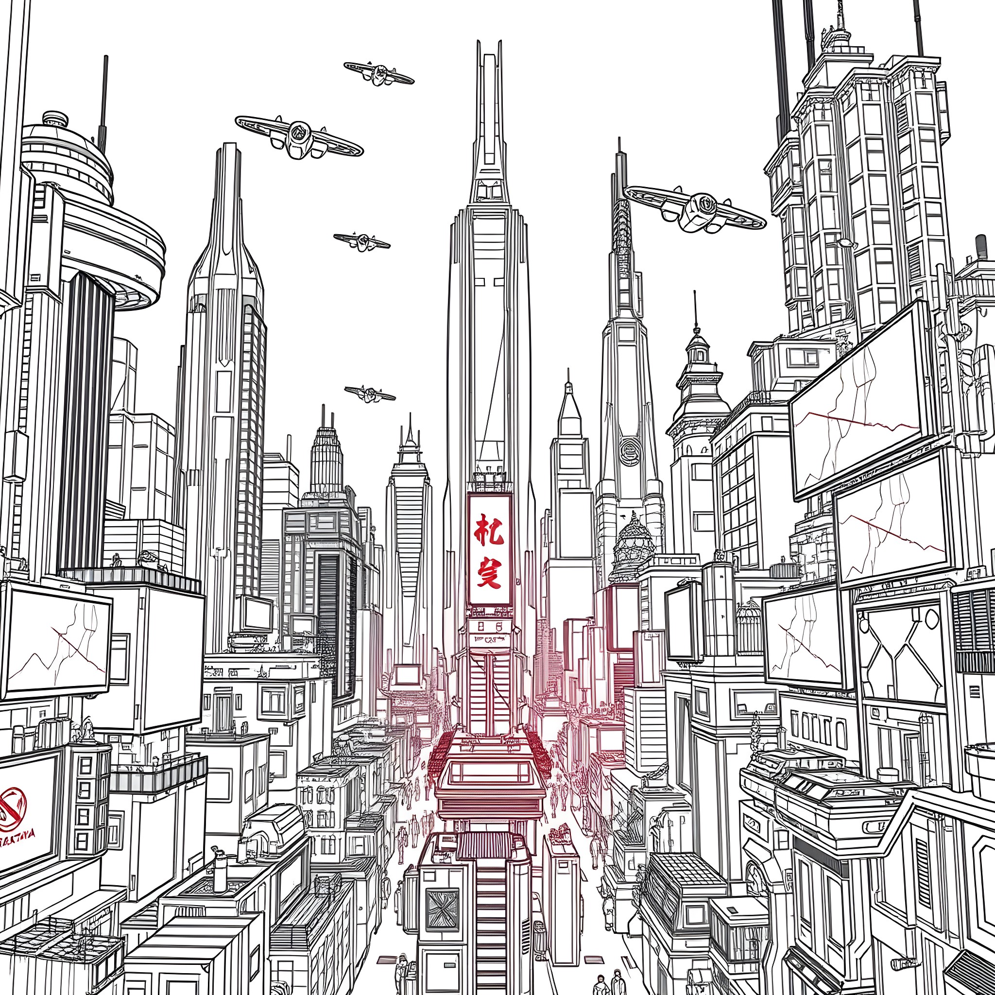 Futuristic Scene of Towering Skyscrapers and Hovering Crafts Coloring Page (free black-and-white line drawing printable PDF for all, from beginners to advanced learners, including children, teens, adults, and seniors)