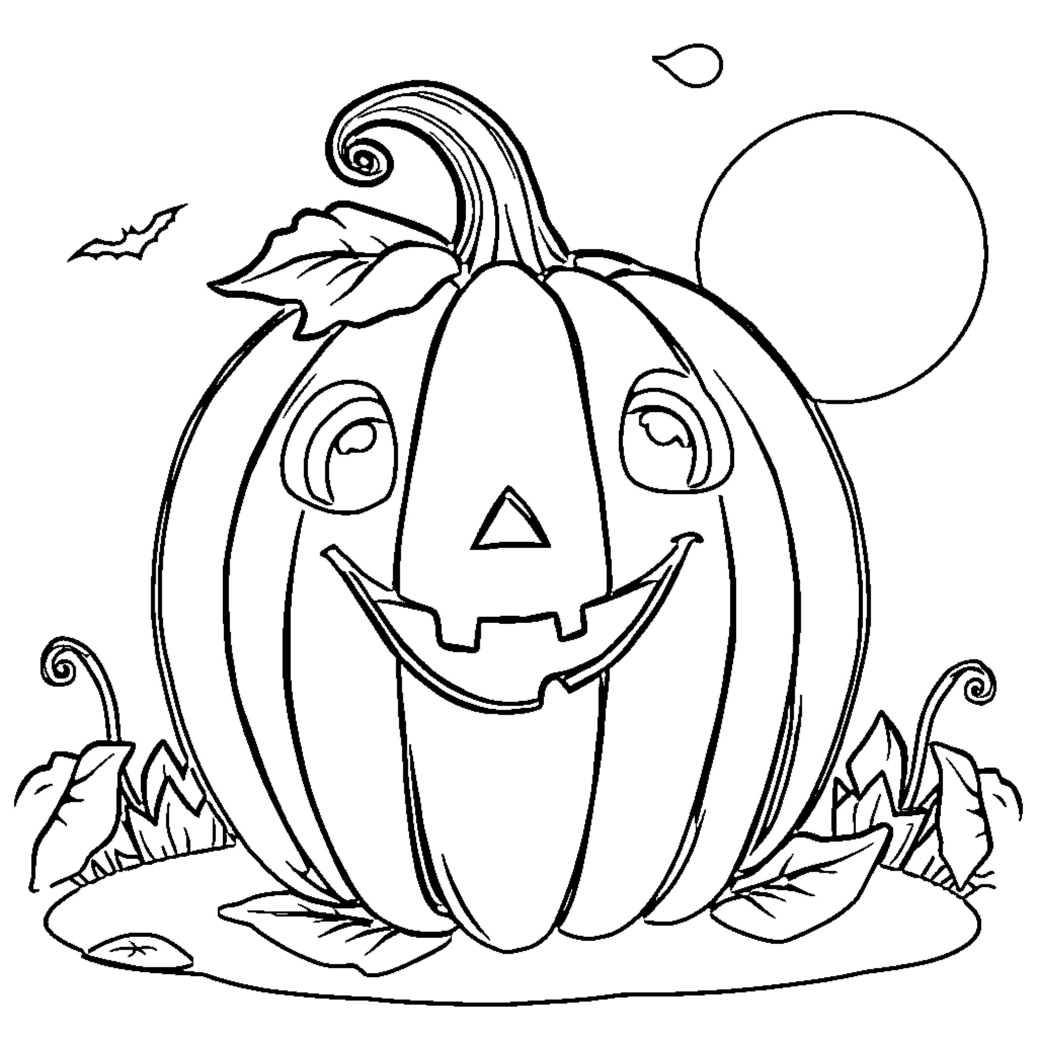 Pumpkin smiling jack-o'-lantern in Halloween scene Coloring Page (free black-and-white line drawing printable PDF for all, from beginners to advanced learners, including children, teens, adults, and seniors)