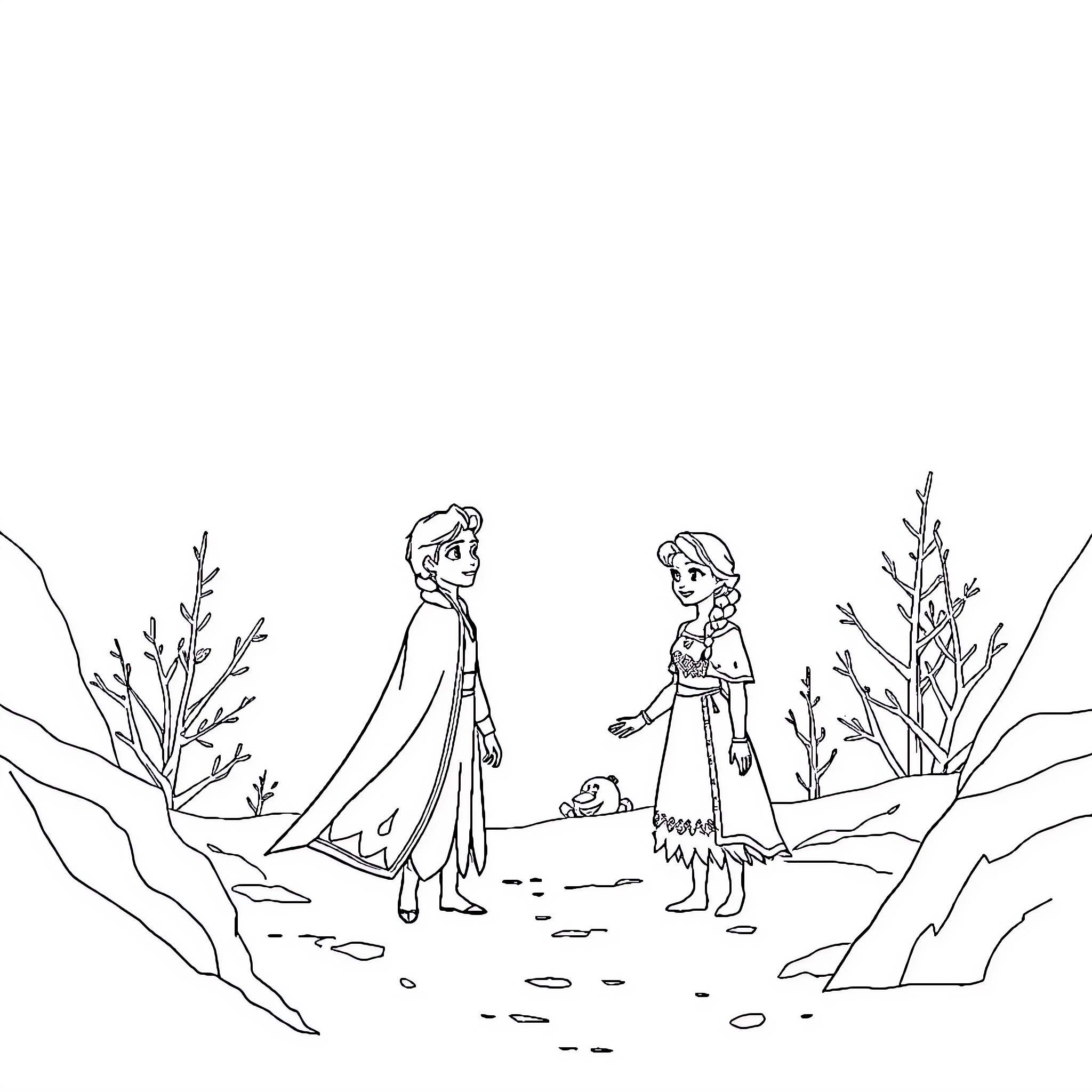 Frozen Characters in Snowy Winter Landscape Coloring Page (free black-and-white line drawing printable PDF for all, from beginners to advanced learners, including children, teens, adults, and seniors)