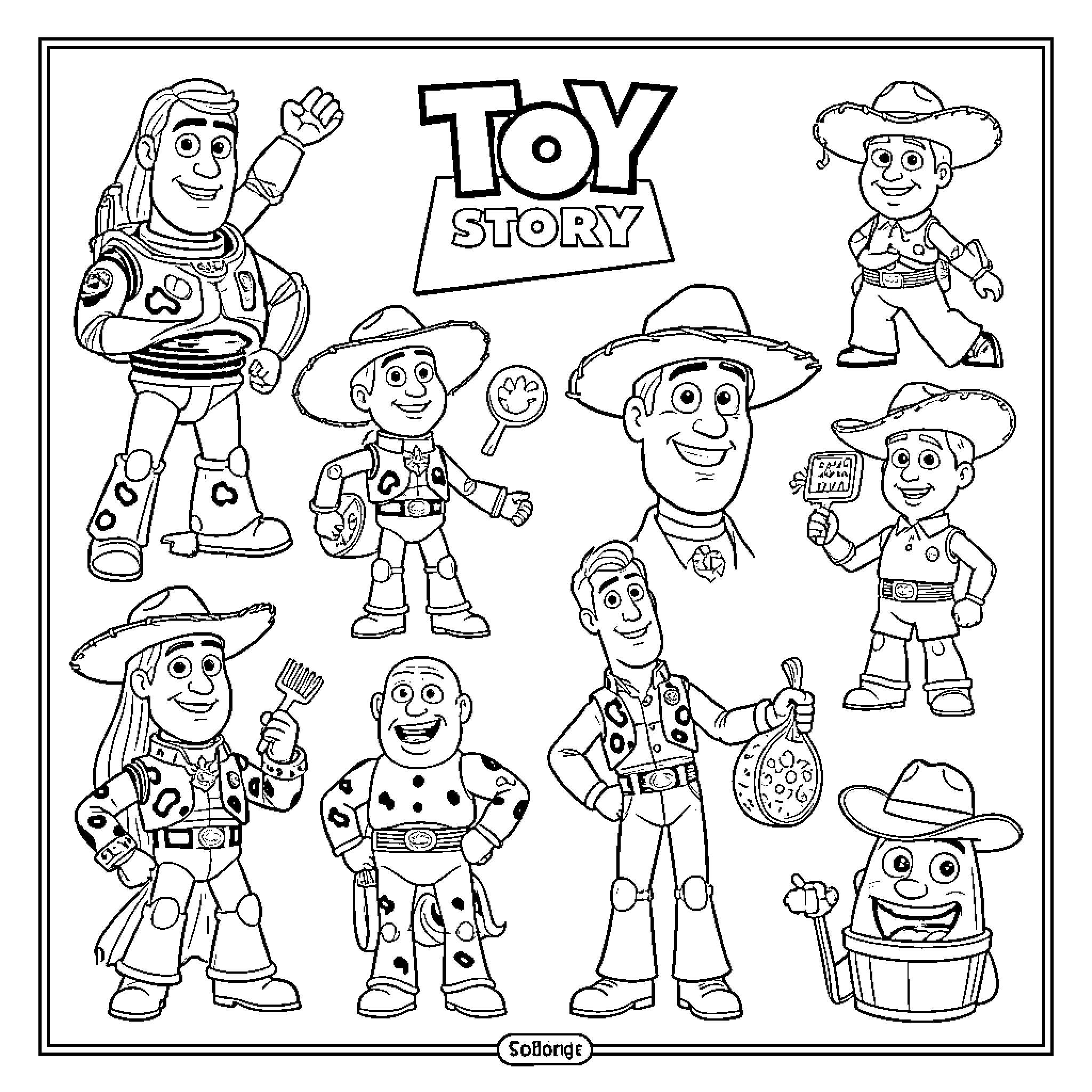 Toy Story characters posing and waving happily Coloring Page (free black-and-white line drawing printable PDF for all, from beginners to advanced learners, including children, teens, adults, and seniors)