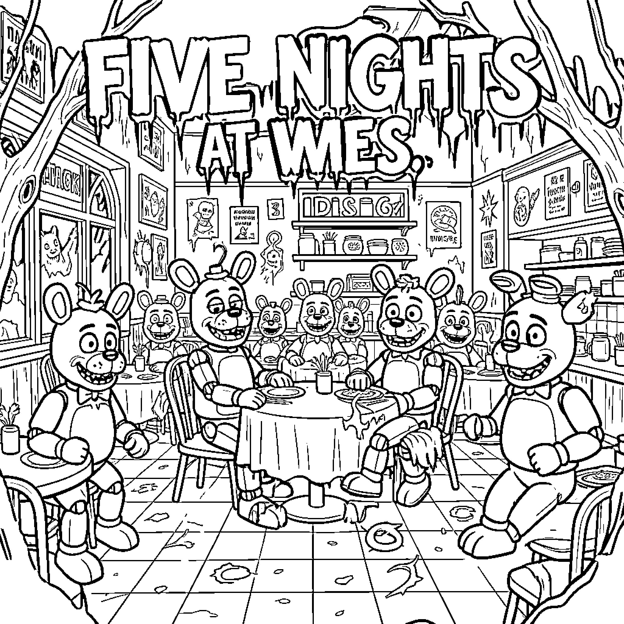 Five Nights at Freddy's: Dining Room Chaos Coloring Page (free black-and-white line drawing printable PDF for all, from beginners to advanced learners, including children, teens, adults, and seniors)