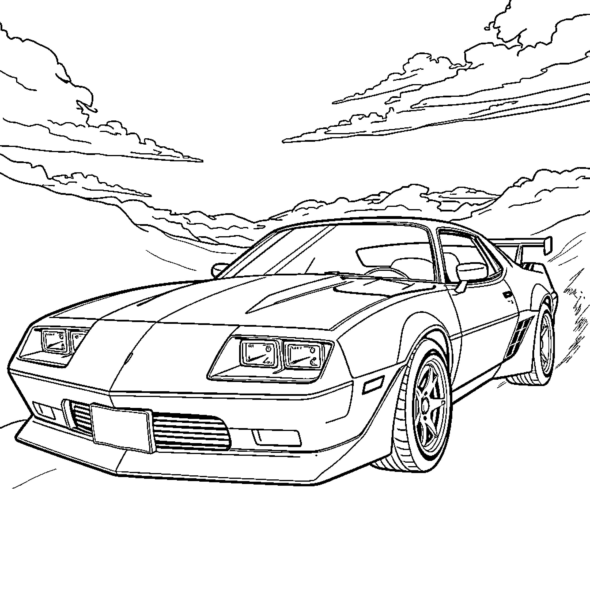 Knight Rider Car in Dramatic Desert Landscape Coloring Page (free black-and-white line drawing printable PDF for all, from beginners to advanced learners, including children, teens, adults, and seniors)