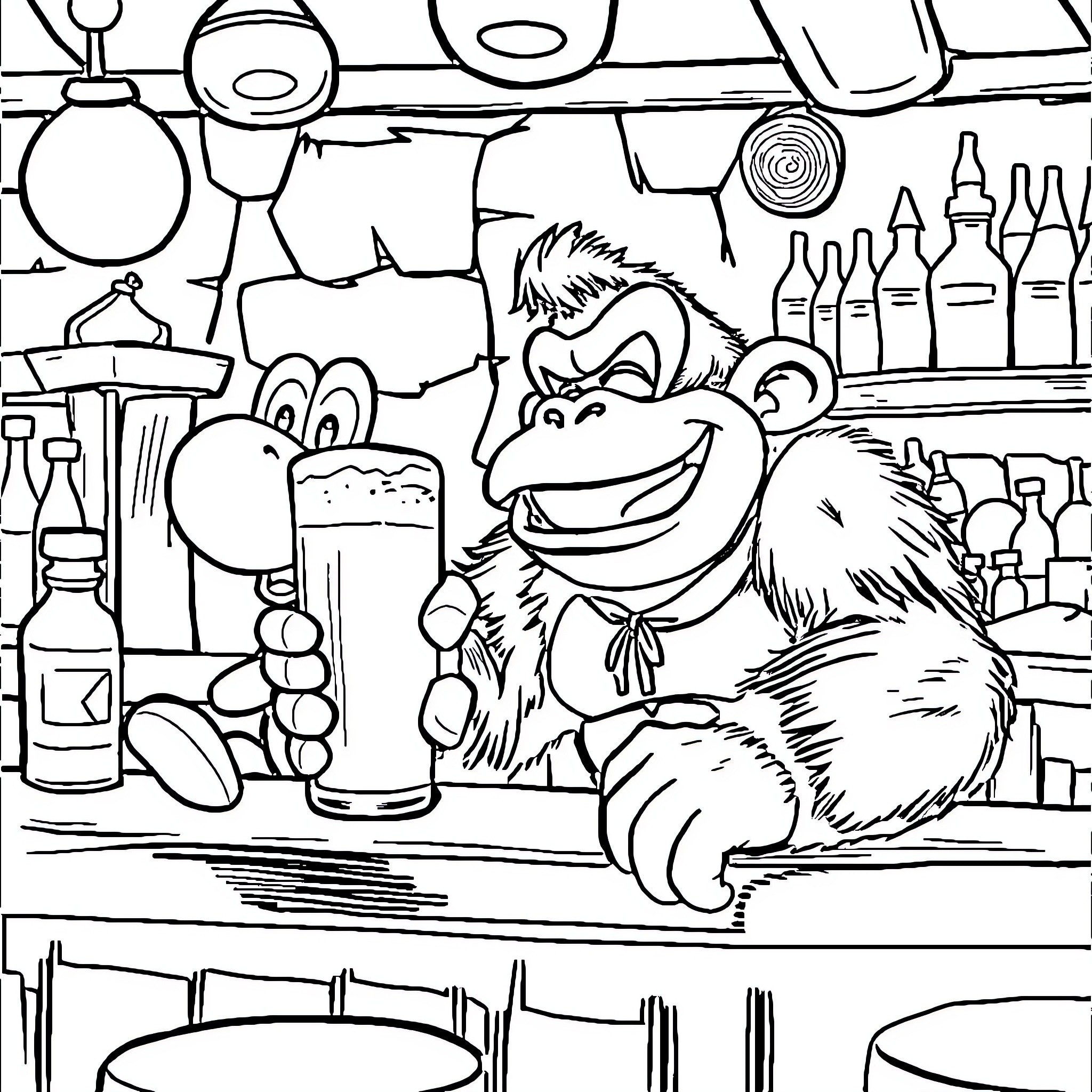 Donkey Kong bartending in a lively tavern Coloring Page (free black-and-white line drawing printable PDF for all, from beginners to advanced learners, including children, teens, adults, and seniors)
