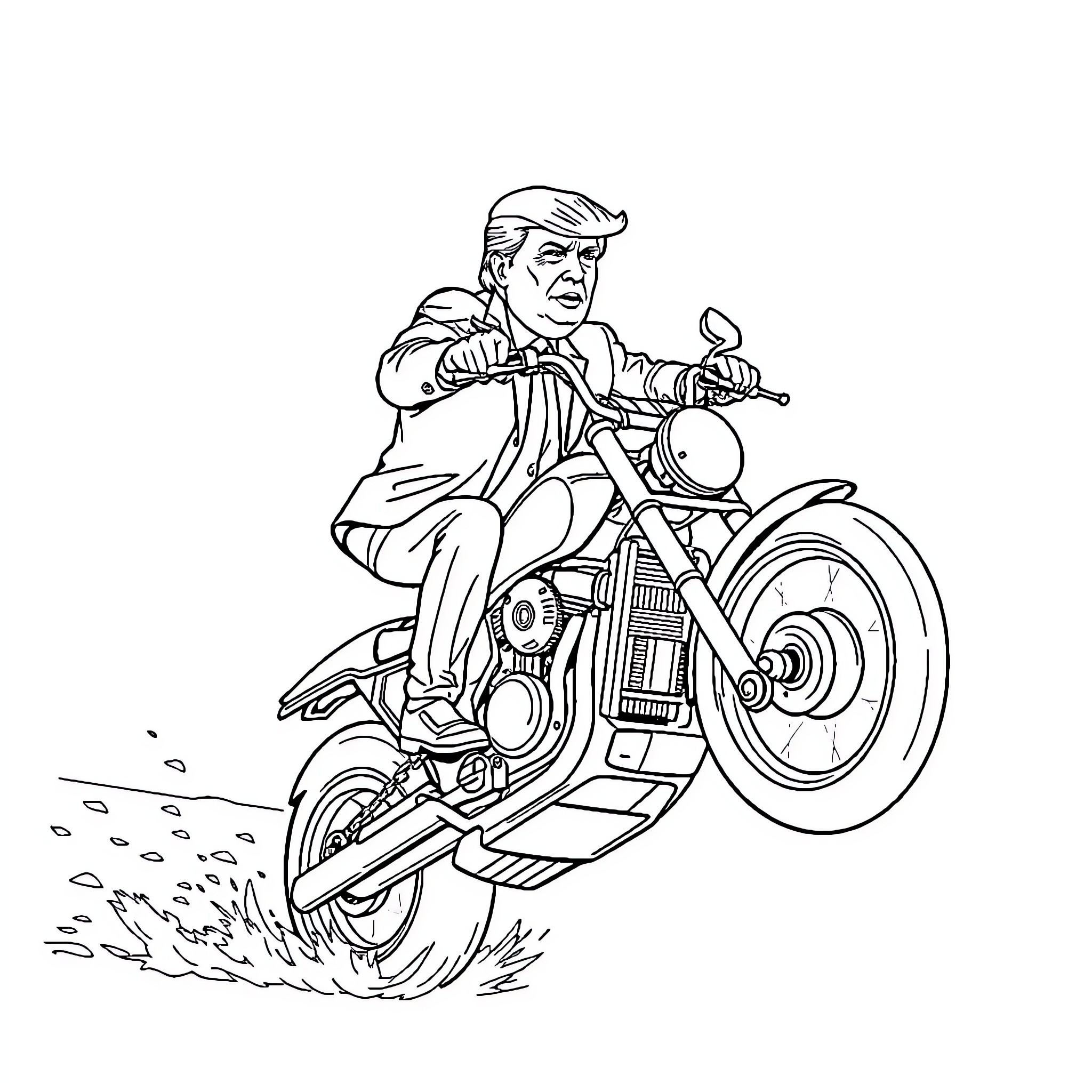 Trump riding a motorcycle with determination Coloring Page (free black-and-white line drawing printable PDF for all, from beginners to advanced learners, including children, teens, adults, and seniors)