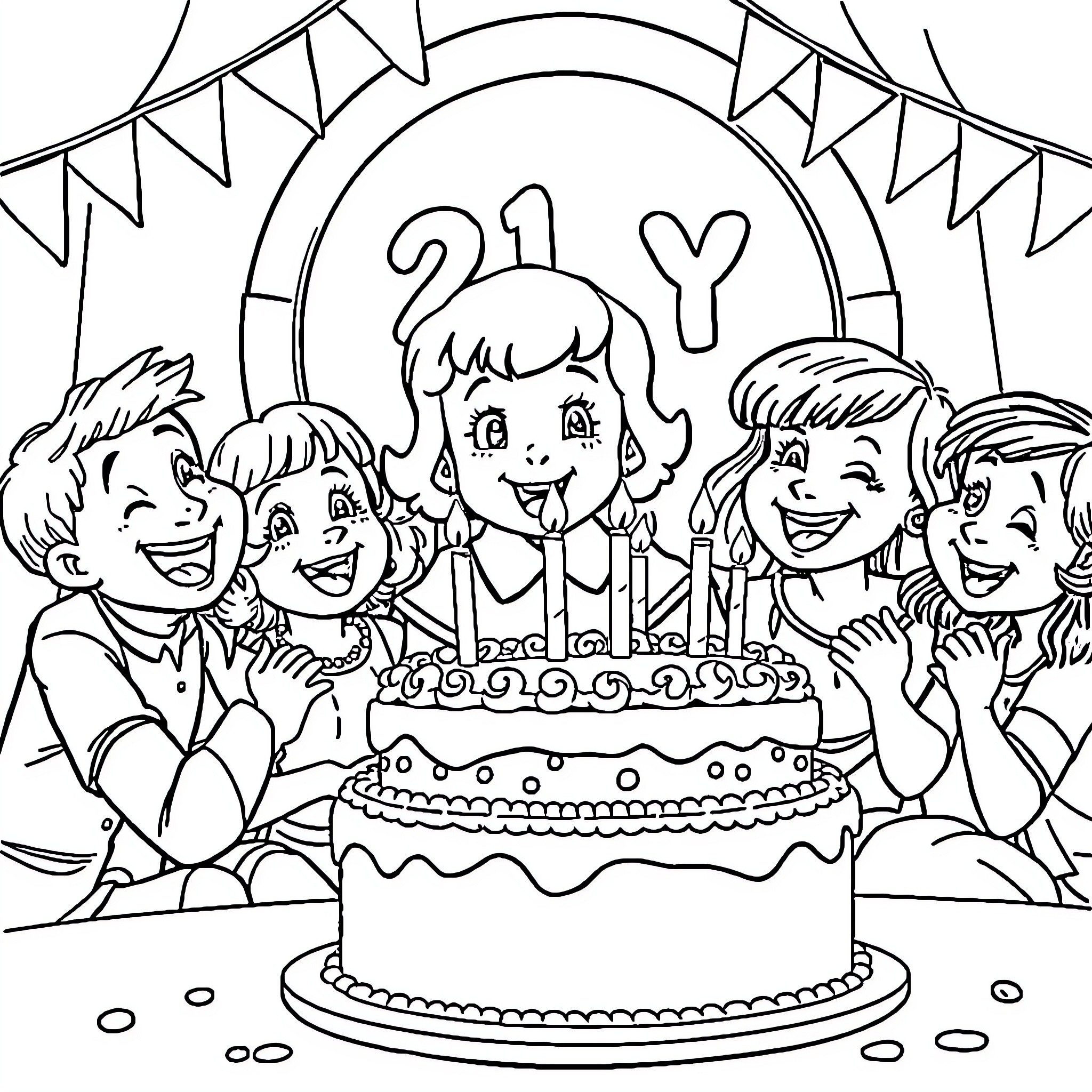 Annie's Joyful Birthday Celebration with Friends Coloring Page (free black-and-white line drawing printable PDF for all, from beginners to advanced learners, including children, teens, adults, and seniors)