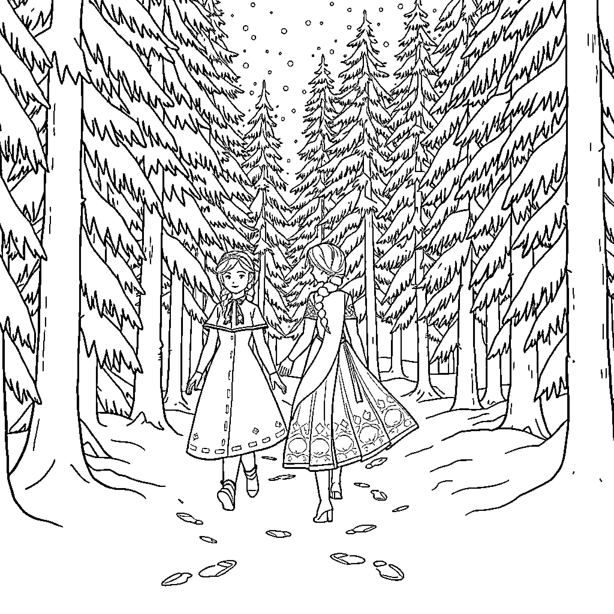 Anna and Elsa exploring the snowy forest Coloring Page (free black-and-white line drawing printable PDF for all, from beginners to advanced learners, including children, teens, adults, and seniors)